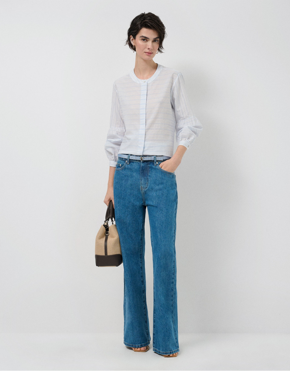 Blusa manga abullonada rayas beige y azul | Roberto Verino