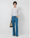 Beige and blue striped puff sleeve blouse | Roberto Verino