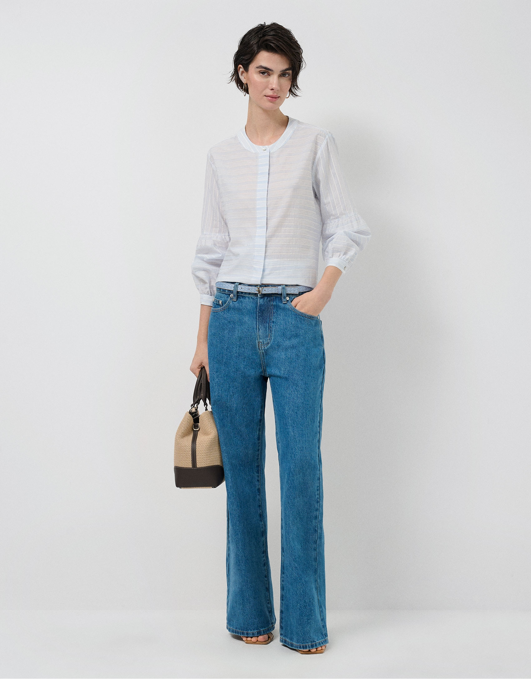 Beige and blue striped puff sleeve blouse | Roberto Verino