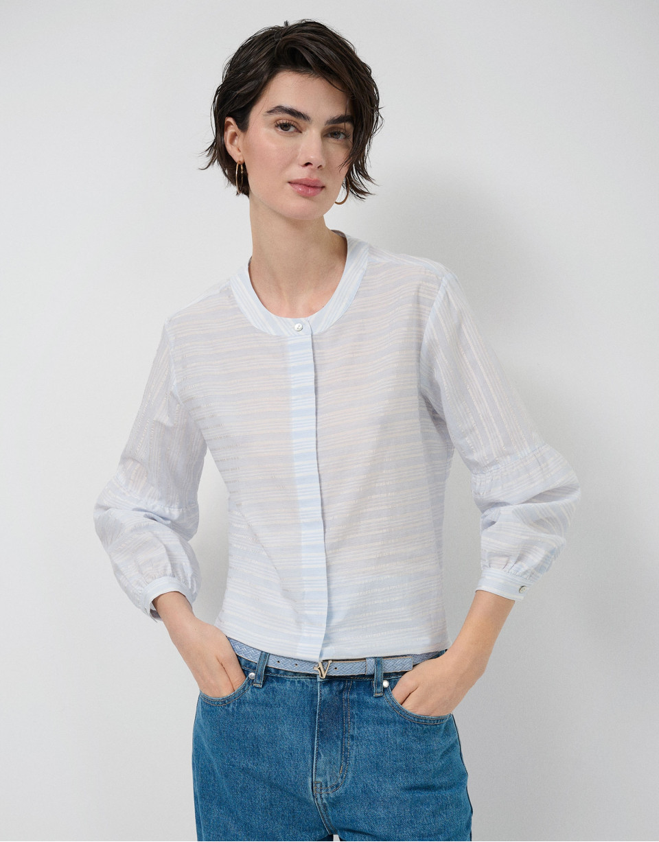 Blusa manga abullonada rayas beige y azul | Roberto Verino