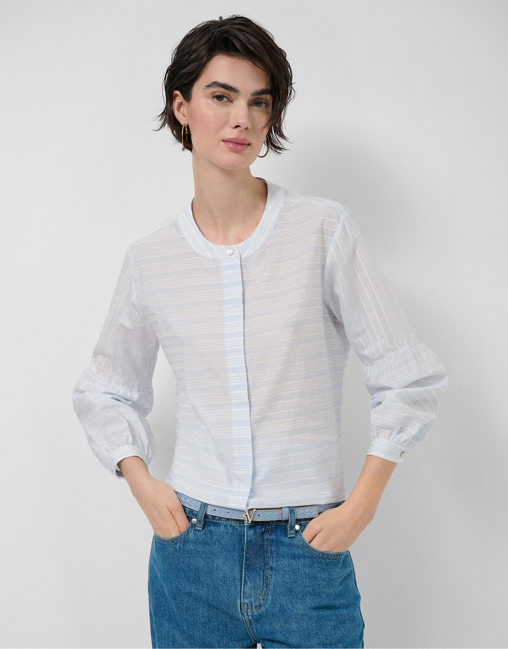 Beige and blue striped puff sleeve blouse | Roberto Verino