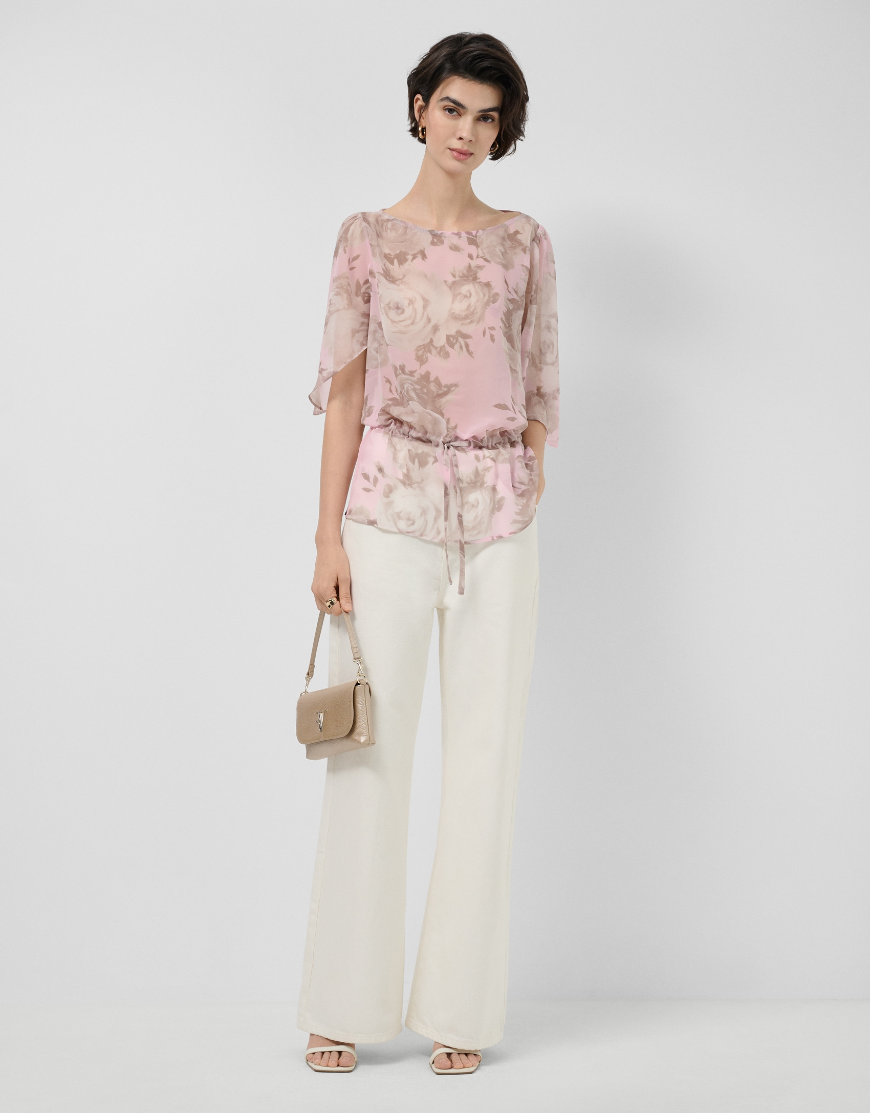 Pink floral print chiffon blouse with ruffled... | Roberto Verino