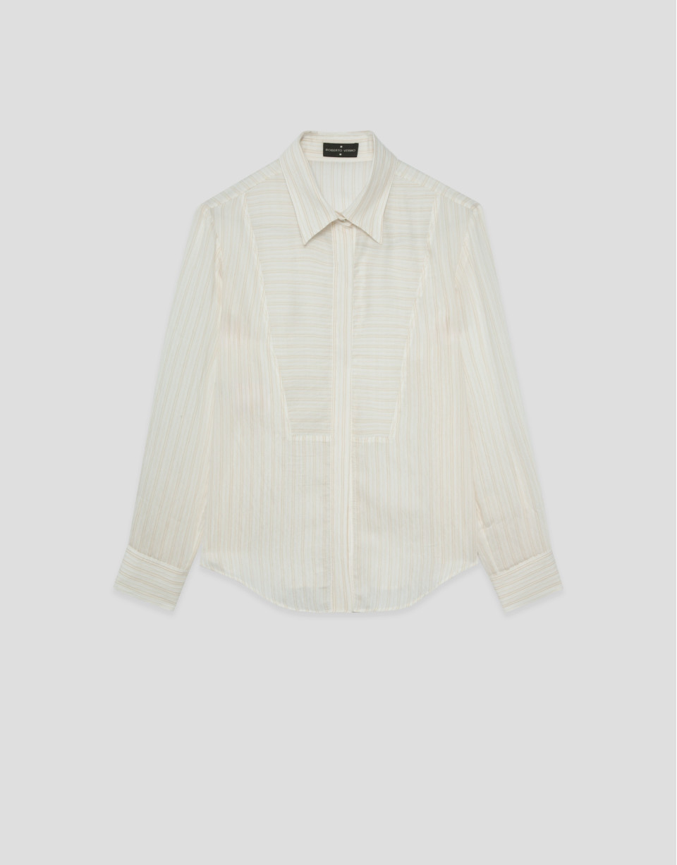 Blusa manga larga remangada rayas beige y crudo | Roberto Verino