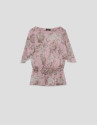 Pink floral print chiffon blouse with ruffled... | Roberto Verino