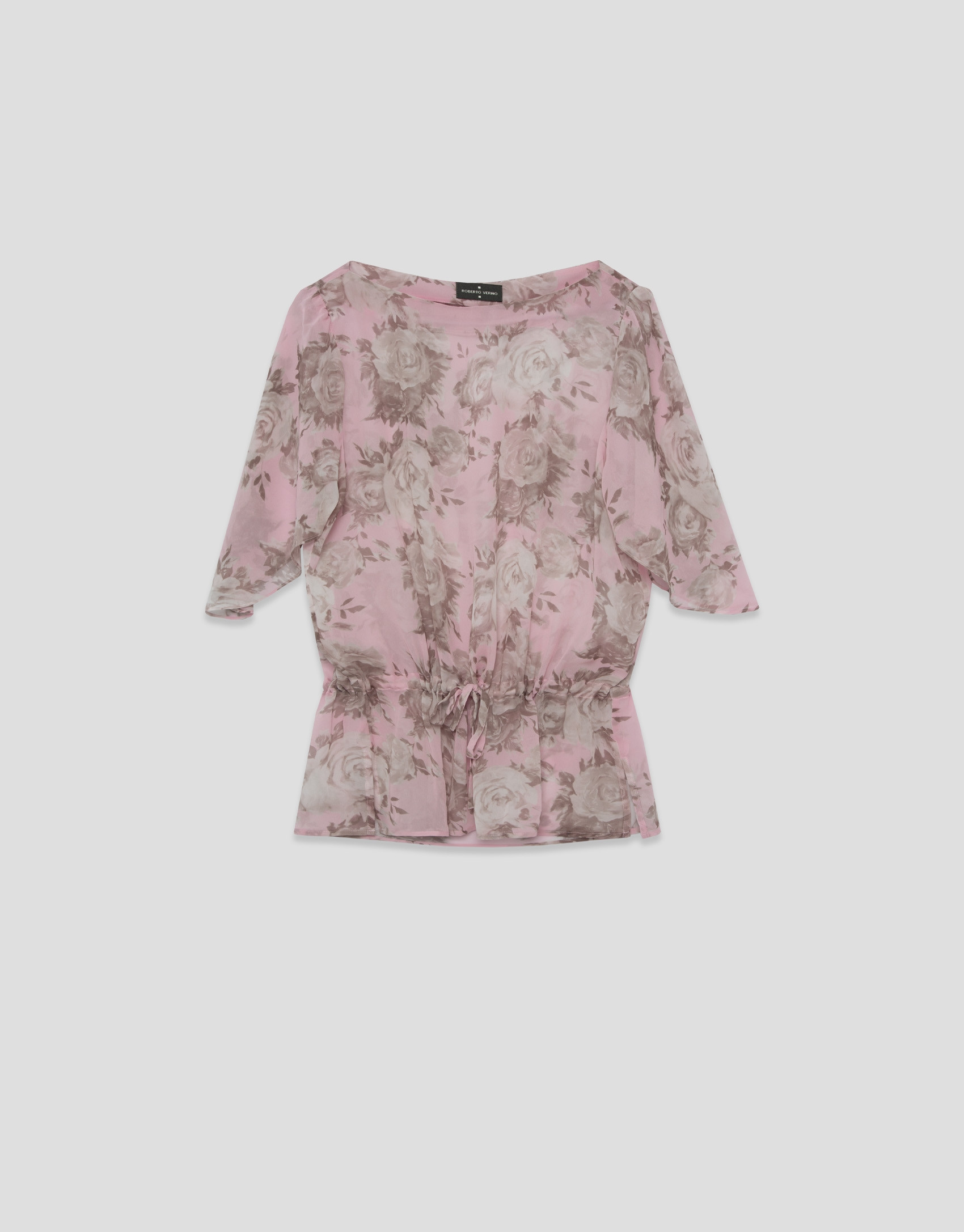 Pink floral print chiffon blouse with ruffled... | Roberto Verino