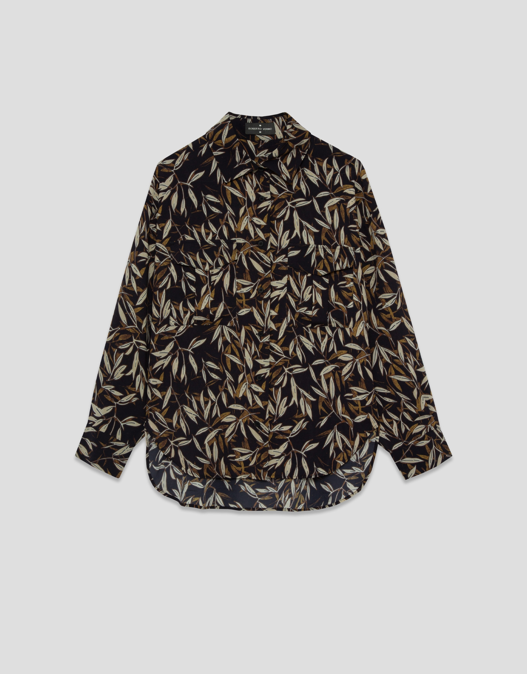 Oversized blouse in brown leaf print crepe | Roberto Verino