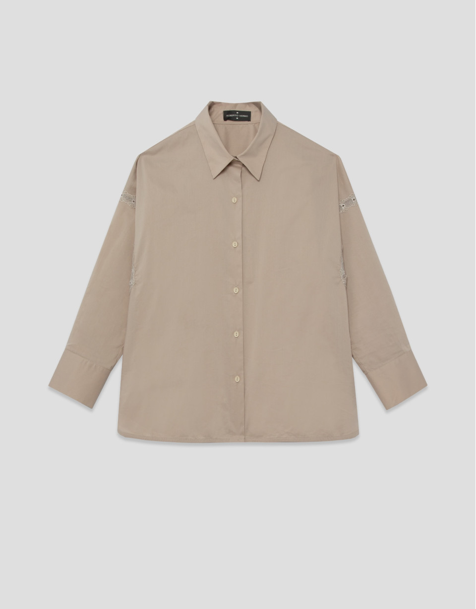 Oversized camel shirt with lace trim - Woman | Roberto Verino