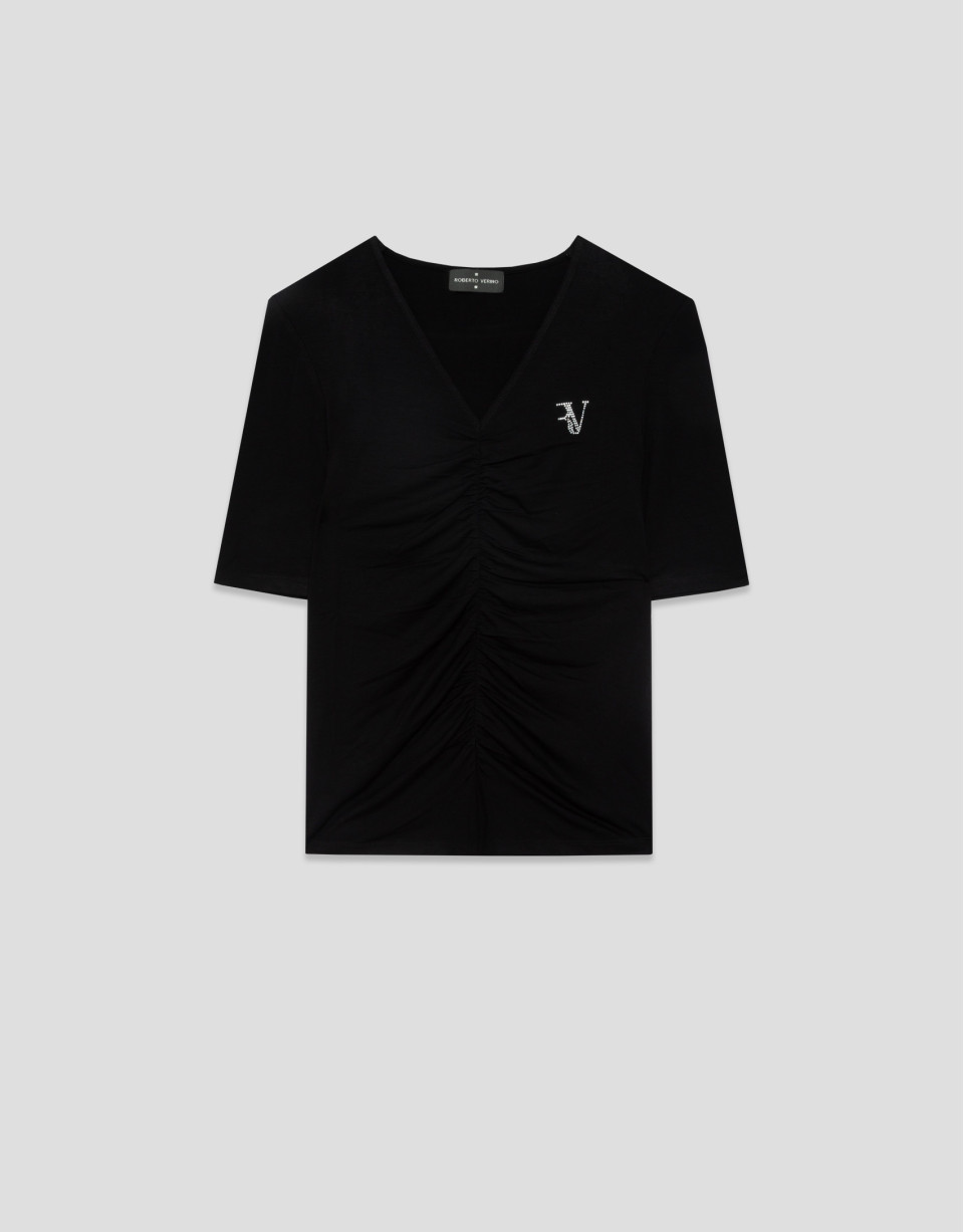 Black short-sleeved T-shirt with draping | Roberto Verino