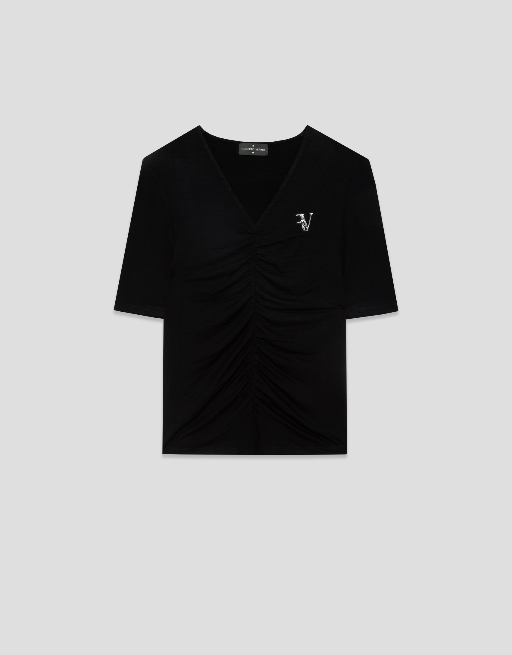 Black short-sleeved T-shirt with draping | Roberto Verino
