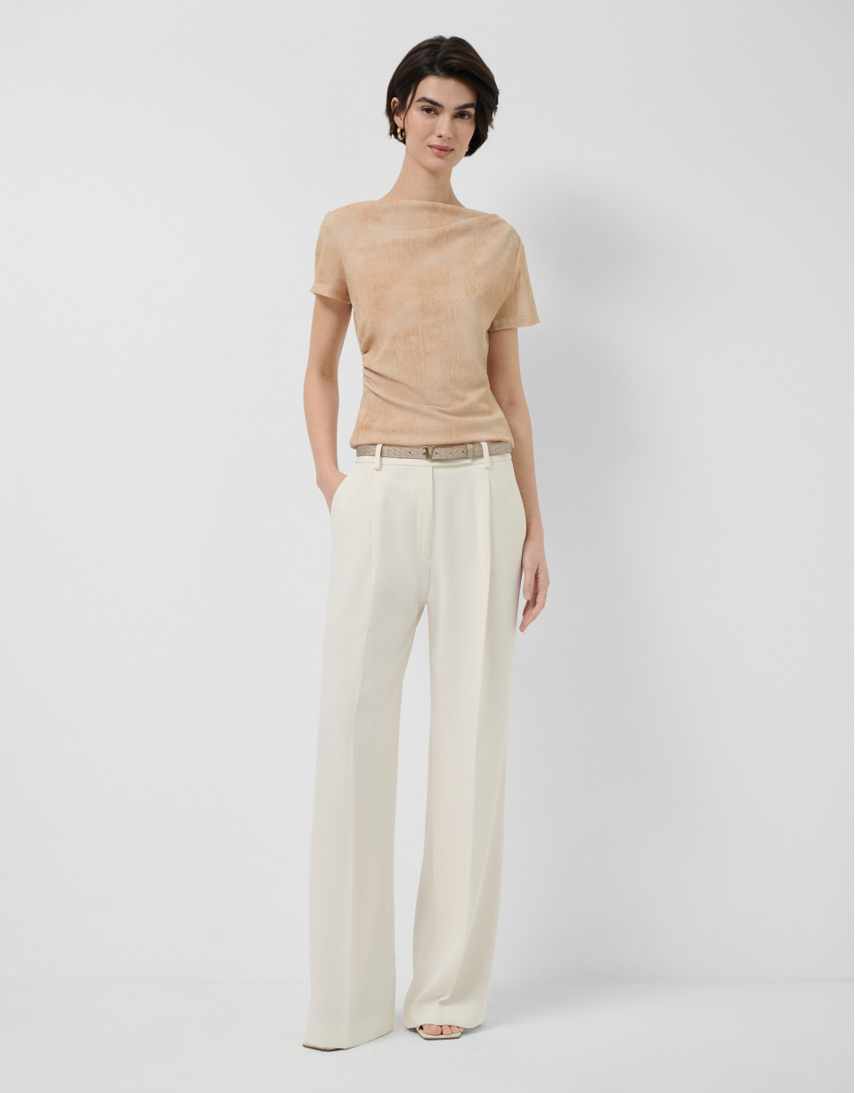 Ecru tulle gathered short-sleeved T-shirt | Roberto Verino