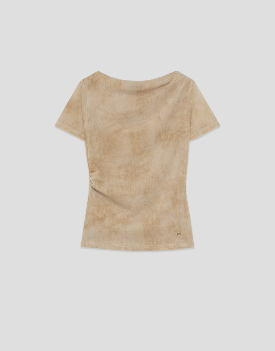 Ecru tulle gathered short-sleeved T-shirt | Roberto Verino