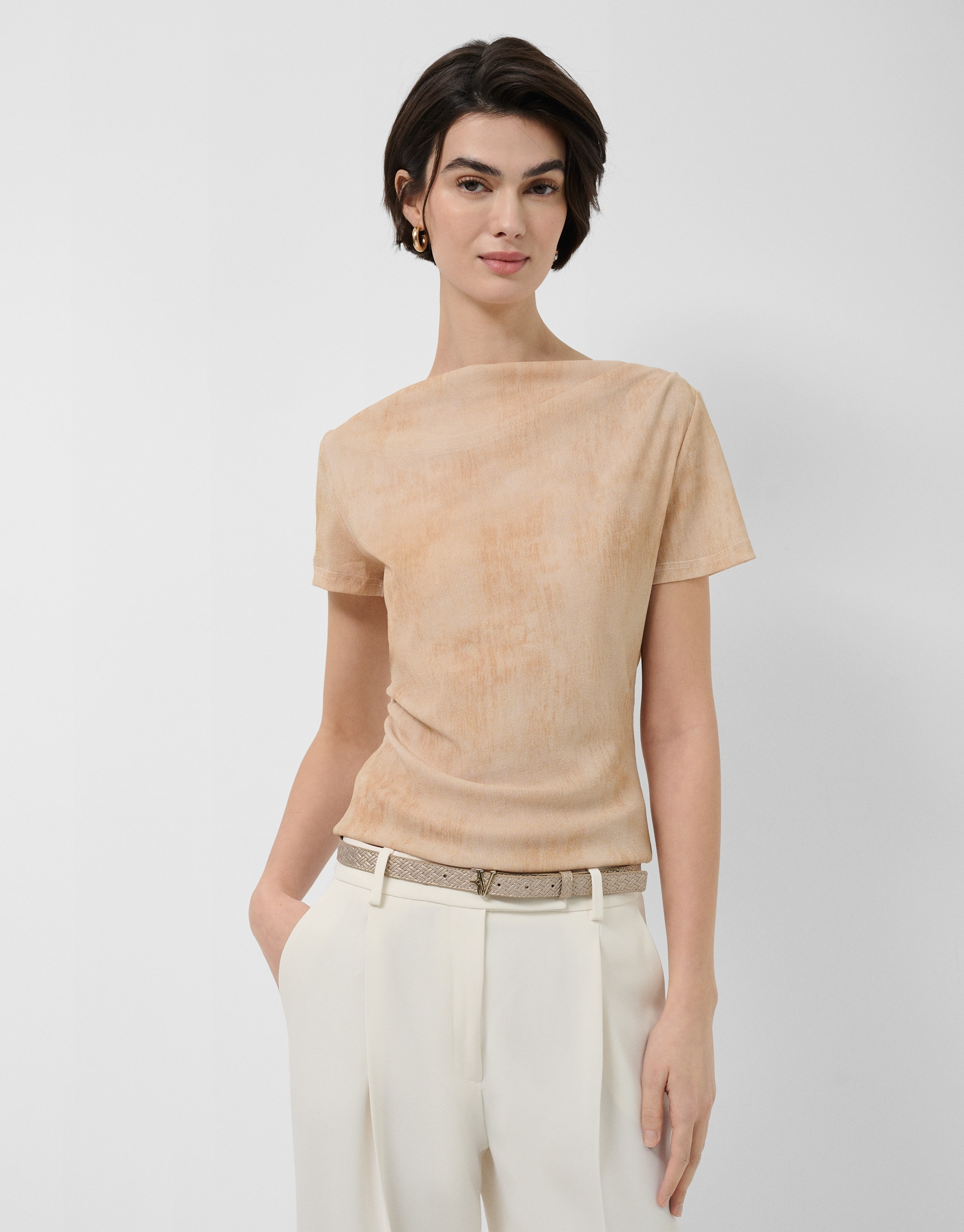 Ecru tulle gathered short-sleeved T-shirt | Roberto Verino