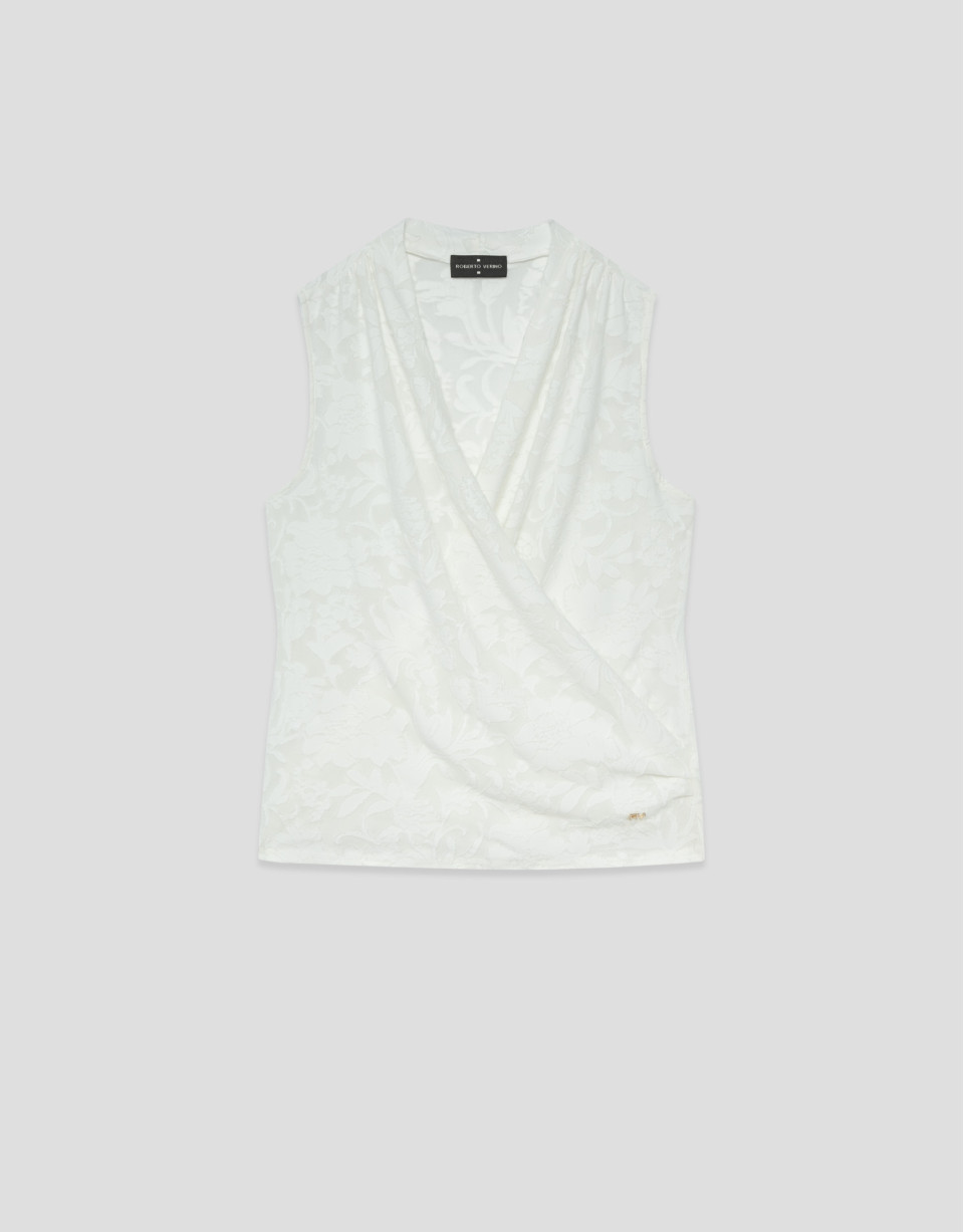 White devoré knit crossover sleeveless T-shirt | Roberto Verino