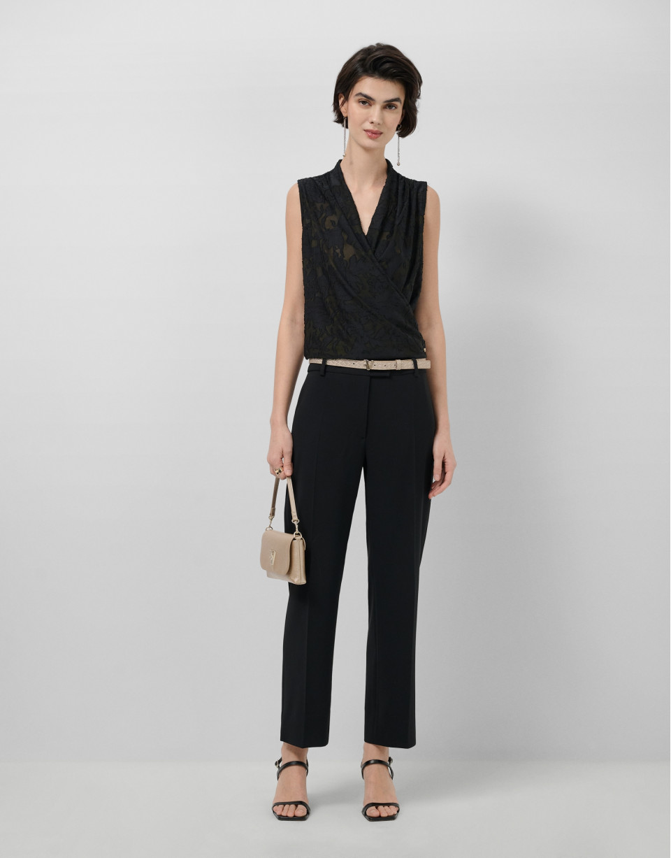 Black devoré knit crossover sleeveless T-shirt | Roberto Verino