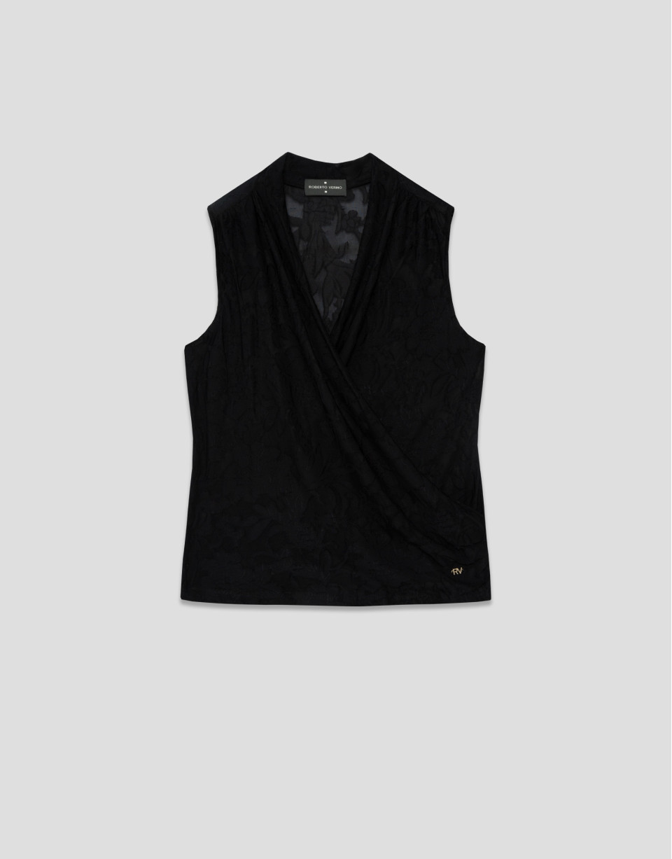 Black devoré knit crossover sleeveless T-shirt | Roberto Verino