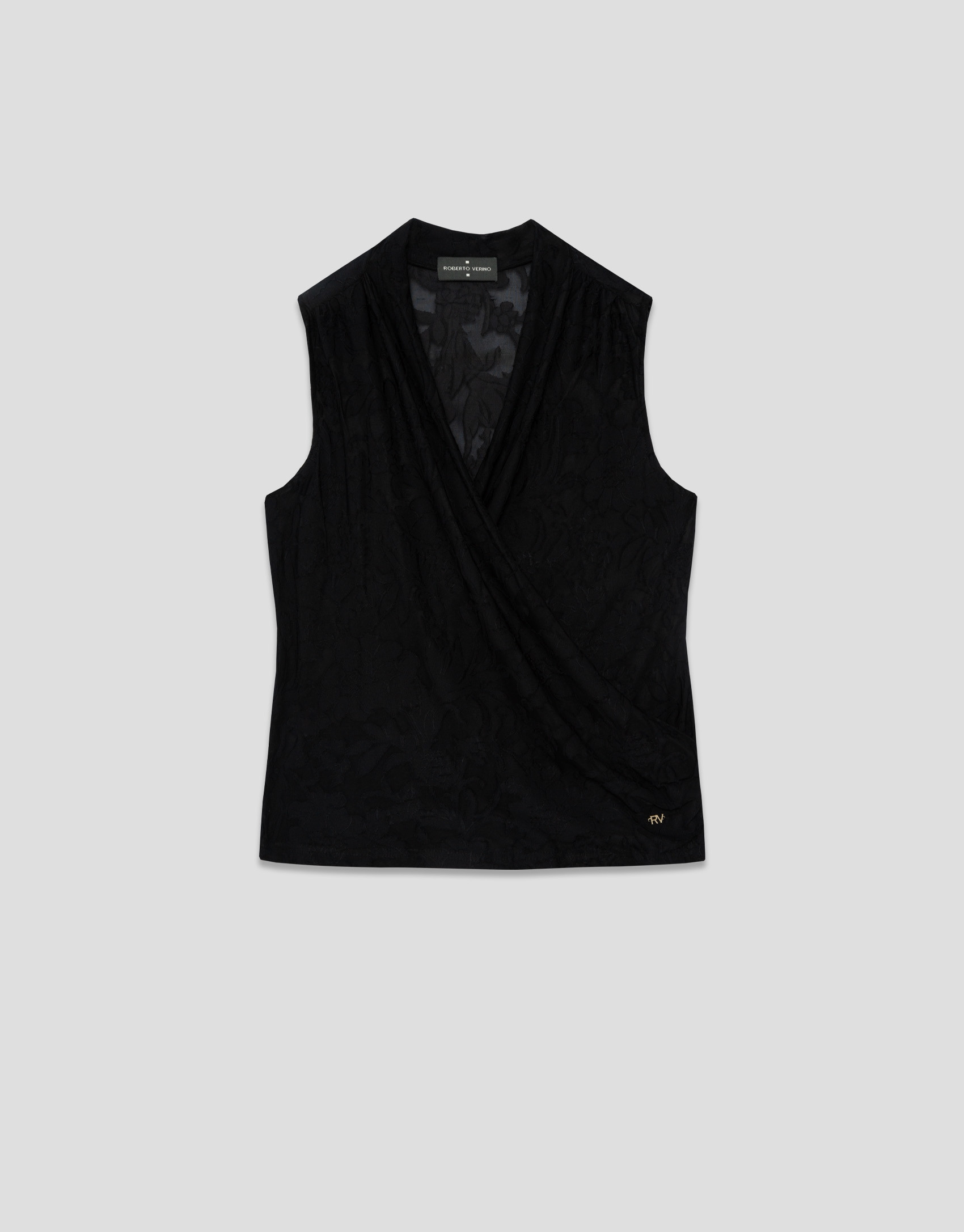 Black devoré knit crossover sleeveless T-shirt | Roberto Verino