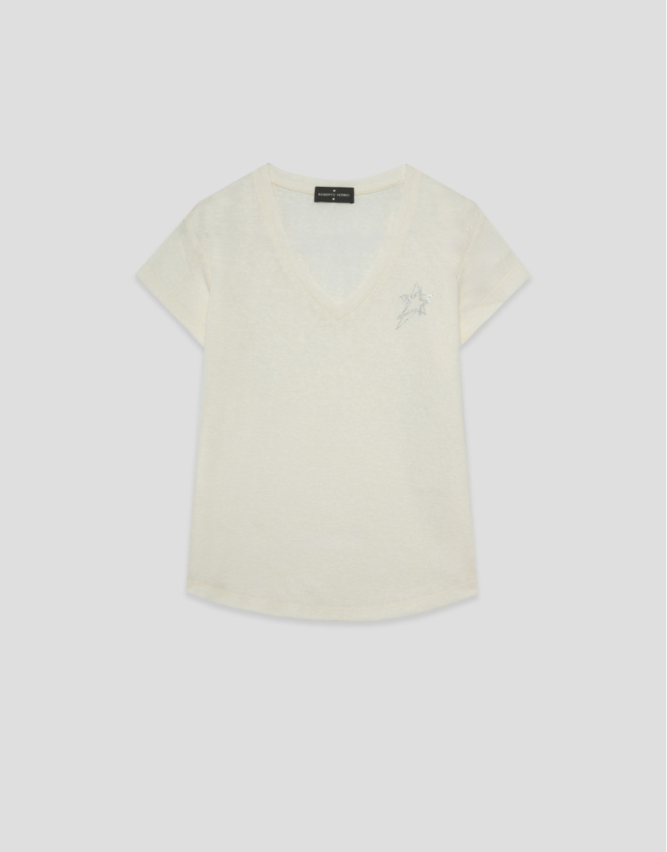 Camiseta cuello pico punto algodón ligero blanco | Roberto Verino