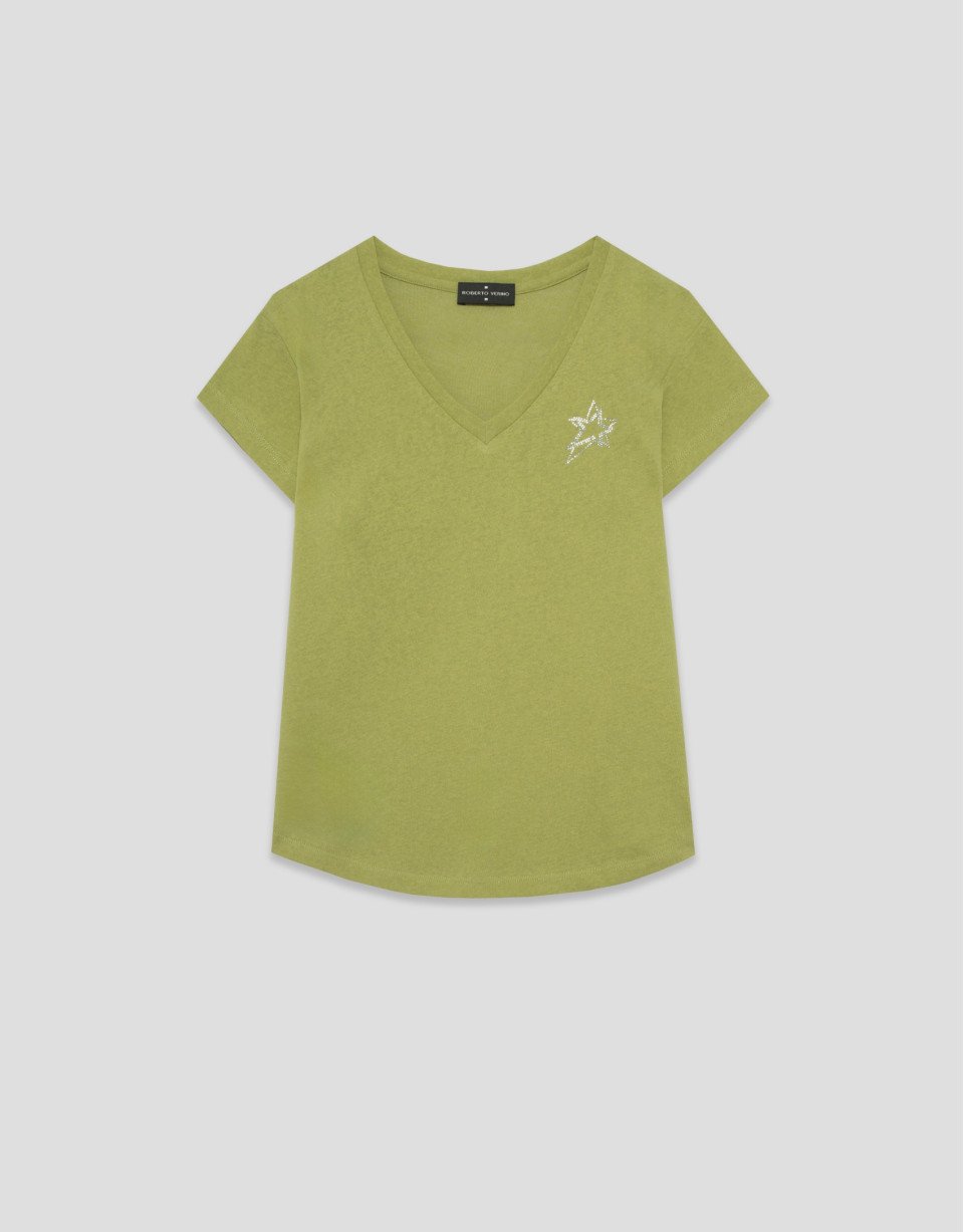 Lightweight cotton V-neck T-shirt in green | Roberto Verino
