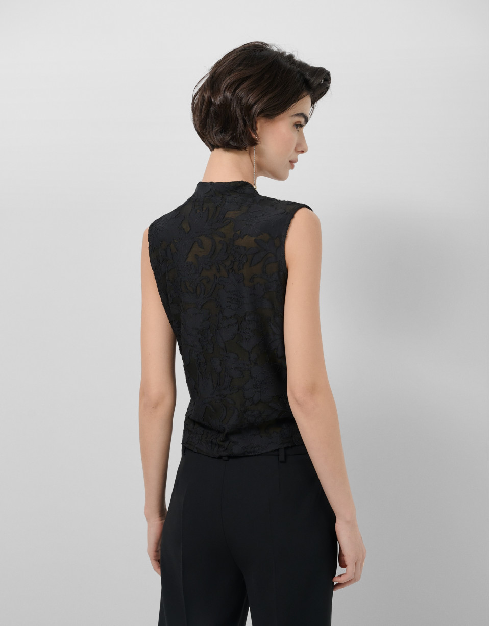 Black devoré knit crossover sleeveless T-shirt | Roberto Verino