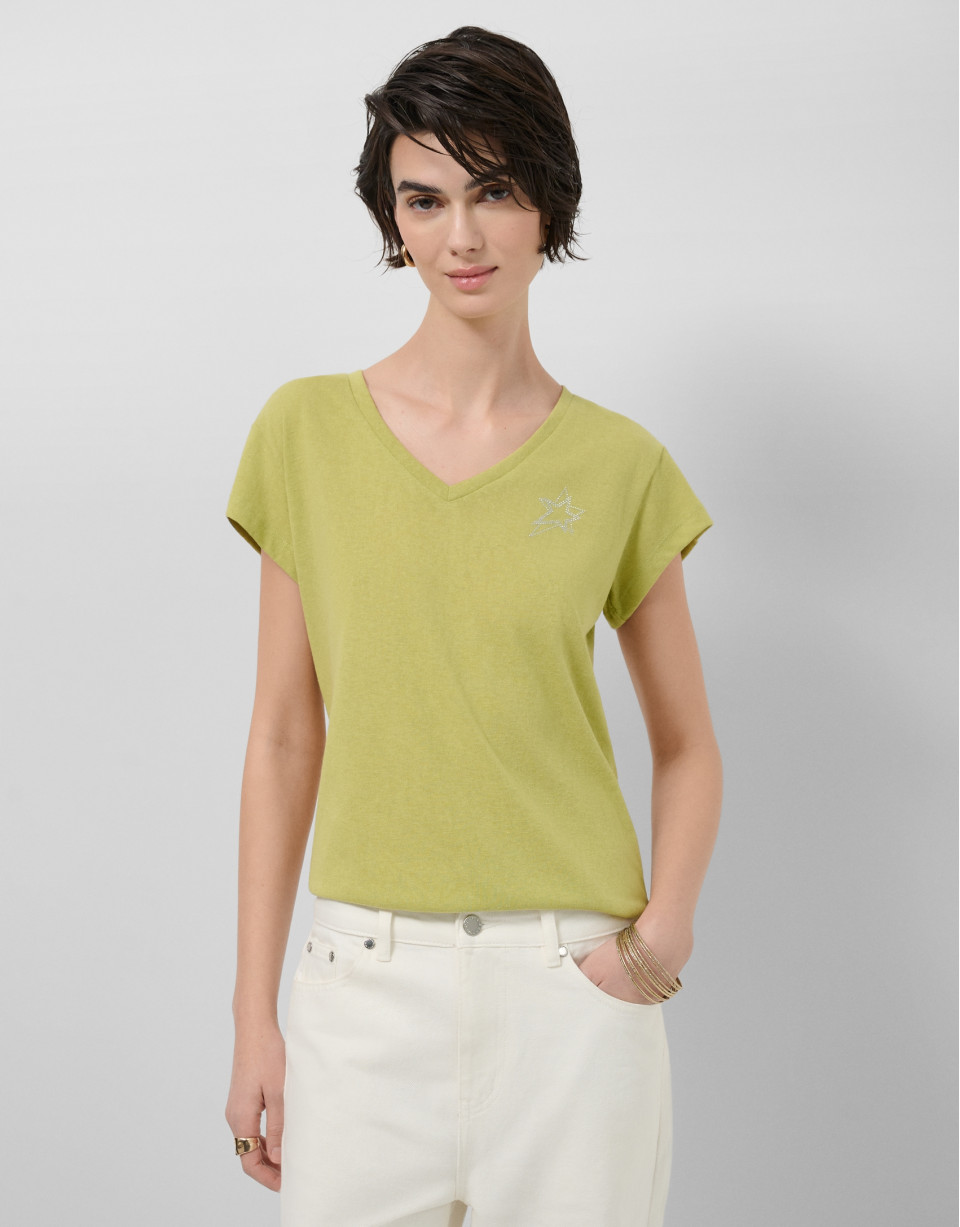 Lightweight cotton V-neck T-shirt in green | Roberto Verino