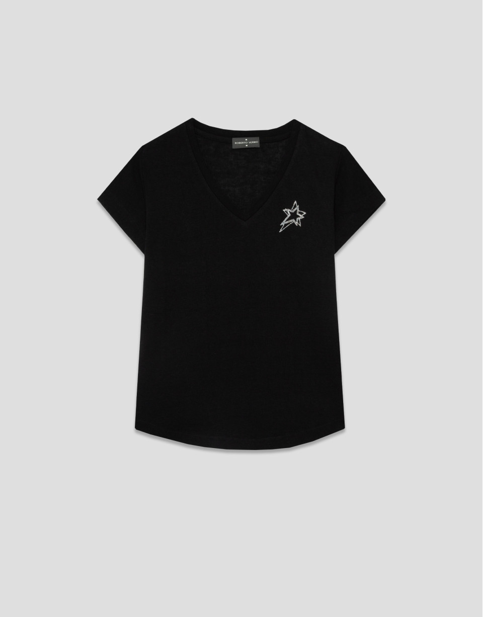 Lightweight cotton V-neck T-shirt in black | Roberto Verino