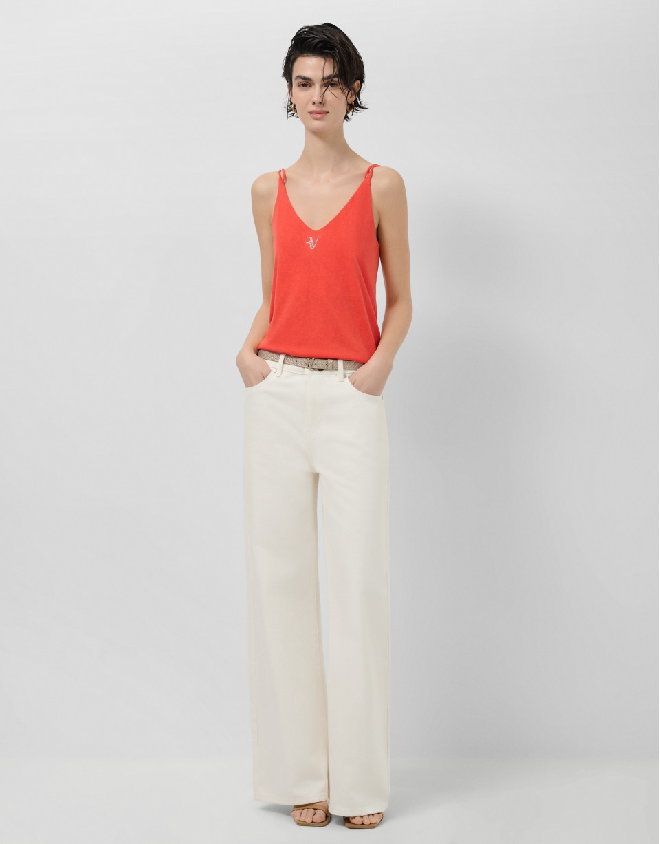 Coral red double strap T-shirt - Woman - SS2026 | Roberto Verino