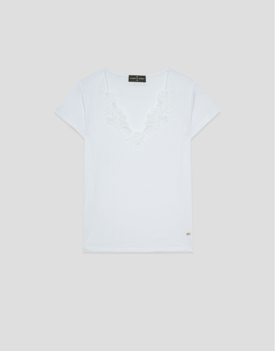 White short-sleeved T-shirt with embroidered ... | Roberto Verino
