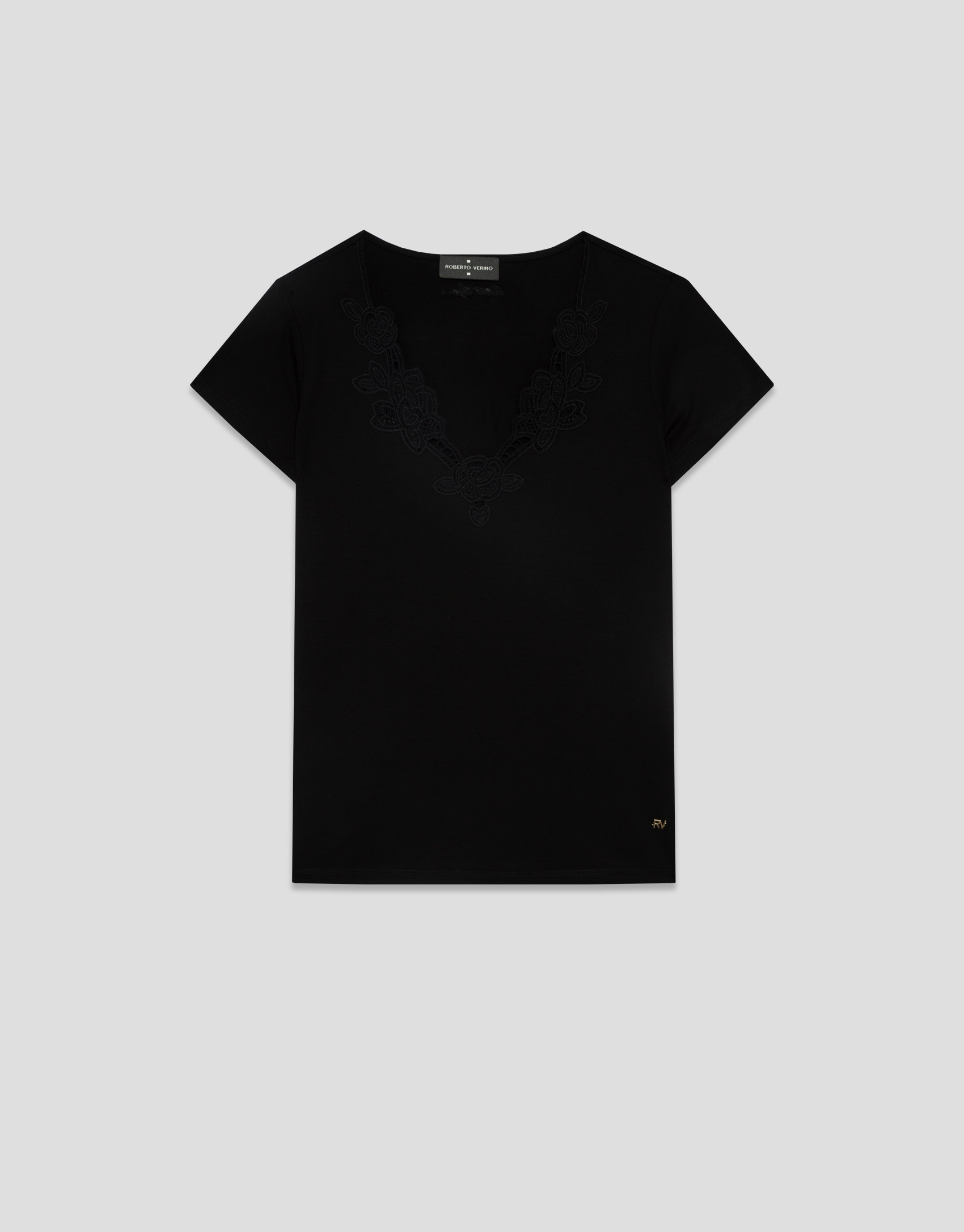 Black short-sleeved T-shirt with embroidered ... | Roberto Verino