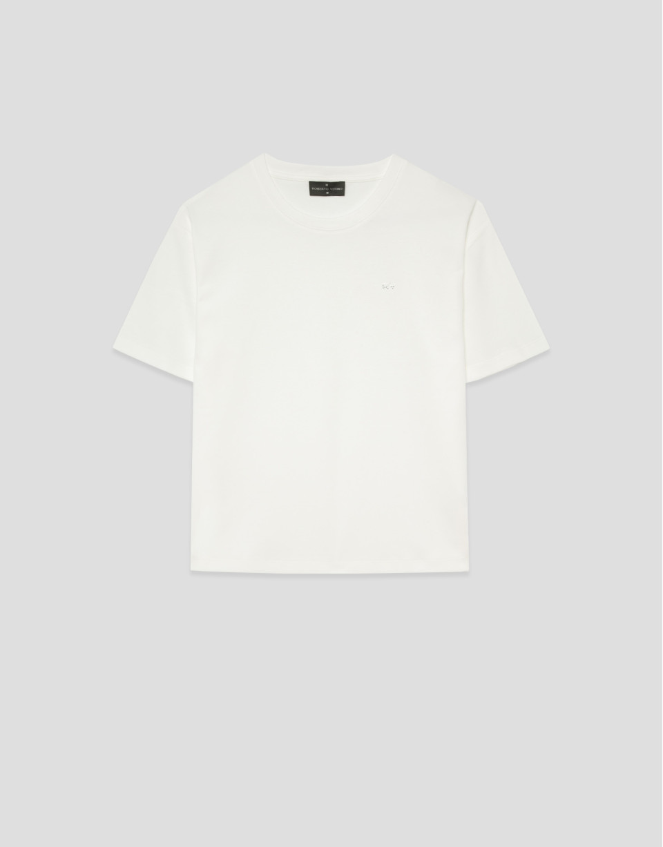 White oversized T-shirt with rhinestones on ... | Roberto Verino