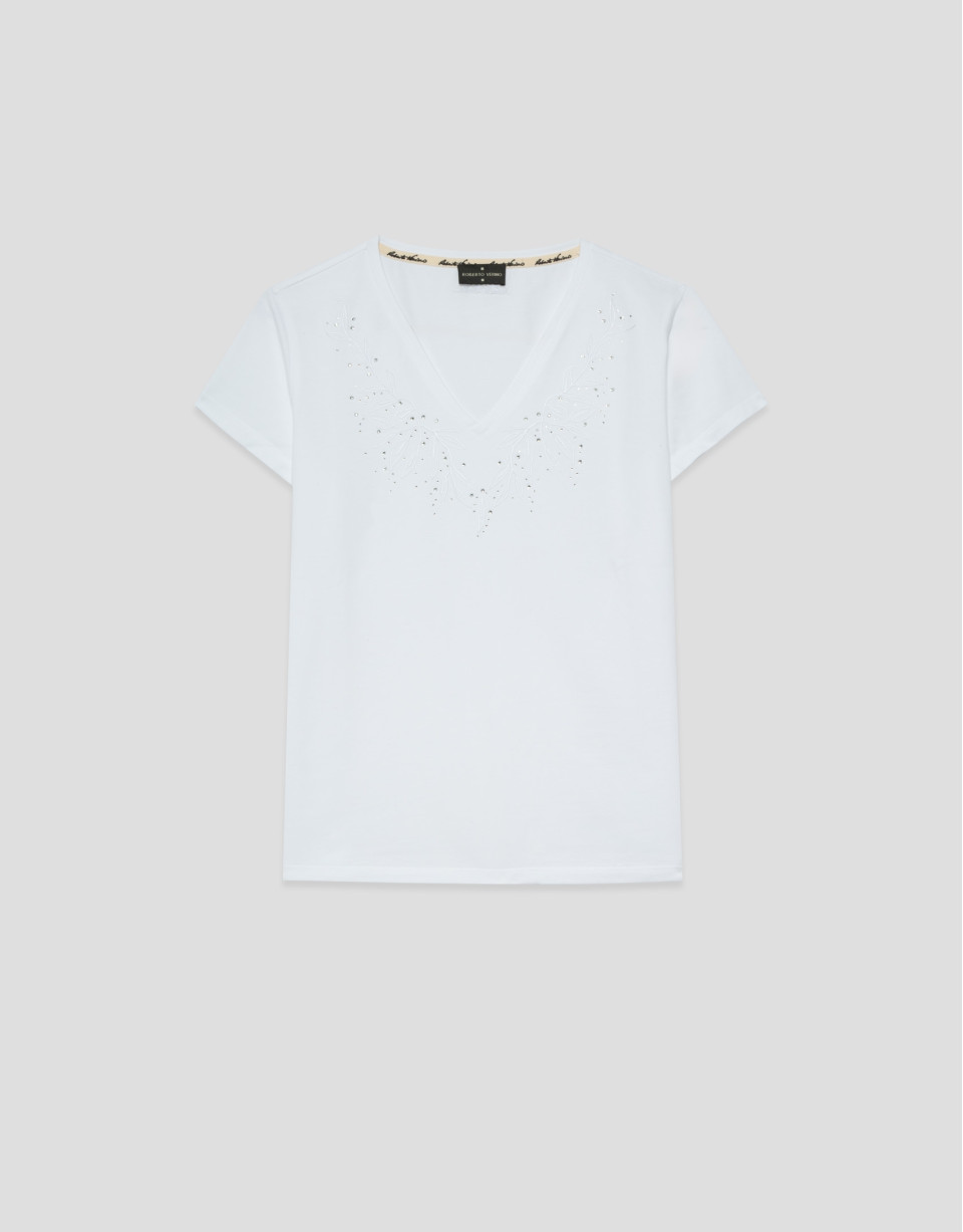 White short-sleeved T-shirt with embroidered ... | Roberto Verino