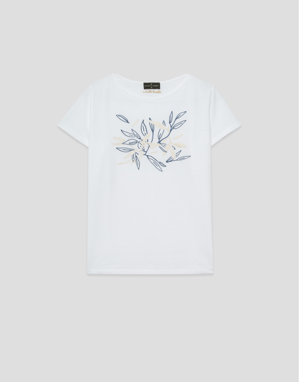 White short-sleeved T-shirt with floral ... | Roberto Verino