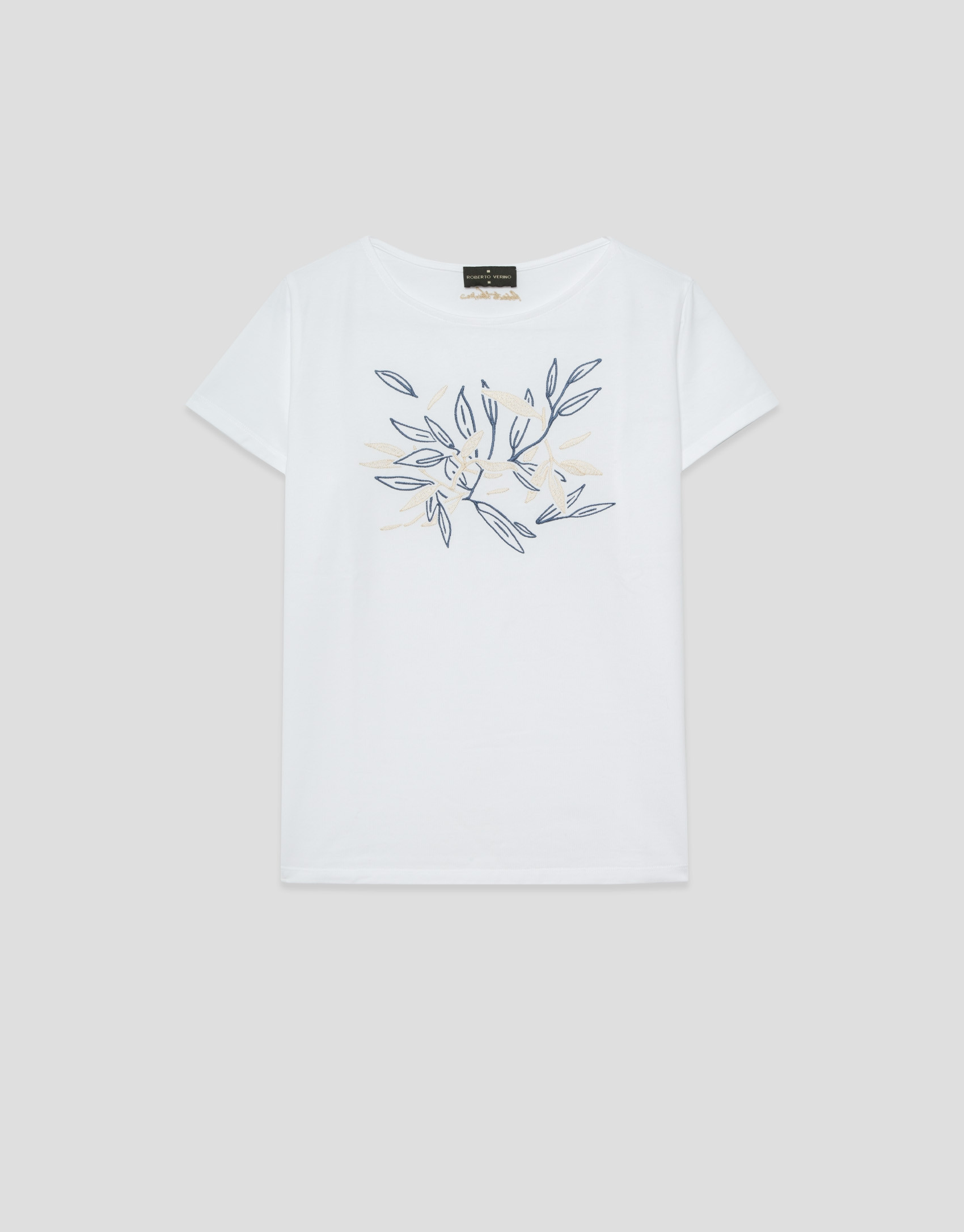 White short-sleeved T-shirt with floral ... | Roberto Verino