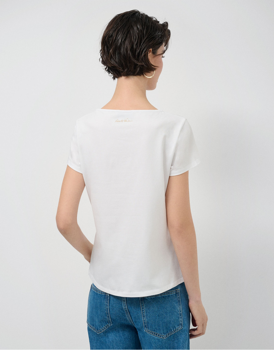 White short-sleeved T-shirt with floral ... | Roberto Verino