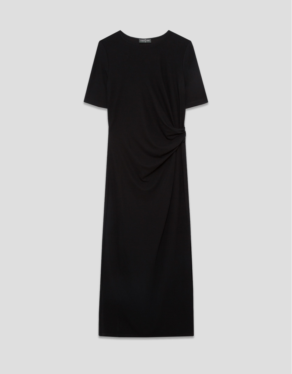 Black short-sleeved gathered knit dress - Woman | Roberto Verino