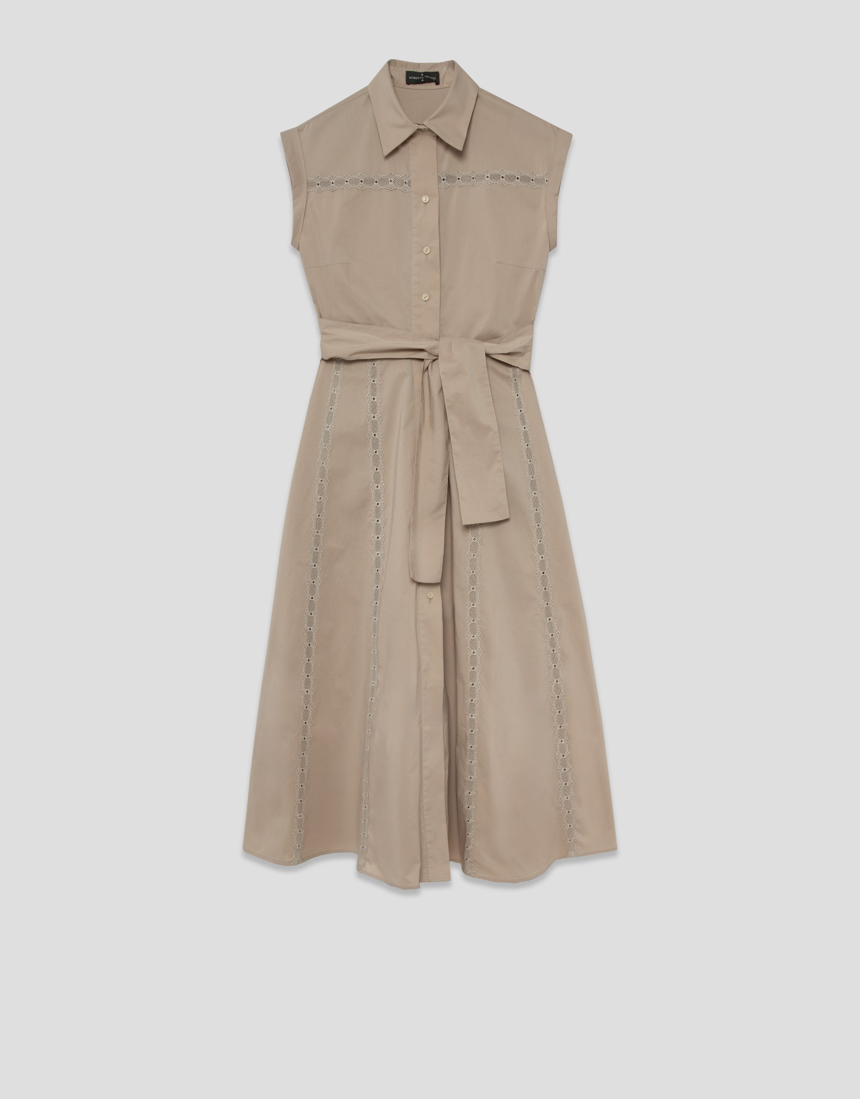 Vestido midi camisero cámel con tiras de encaje | Roberto Verino