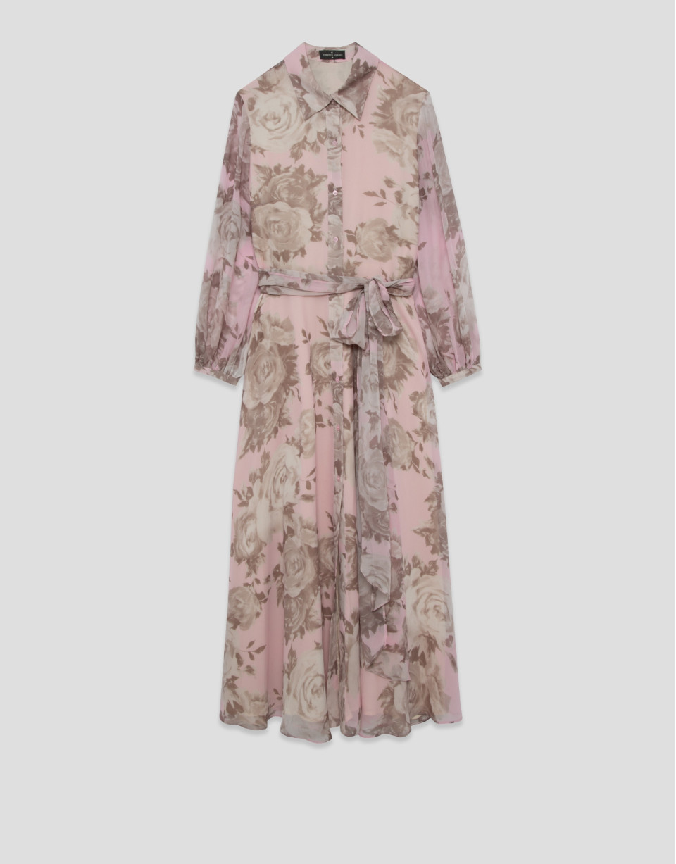Long pink floral print chiffon shirt dress | Roberto Verino