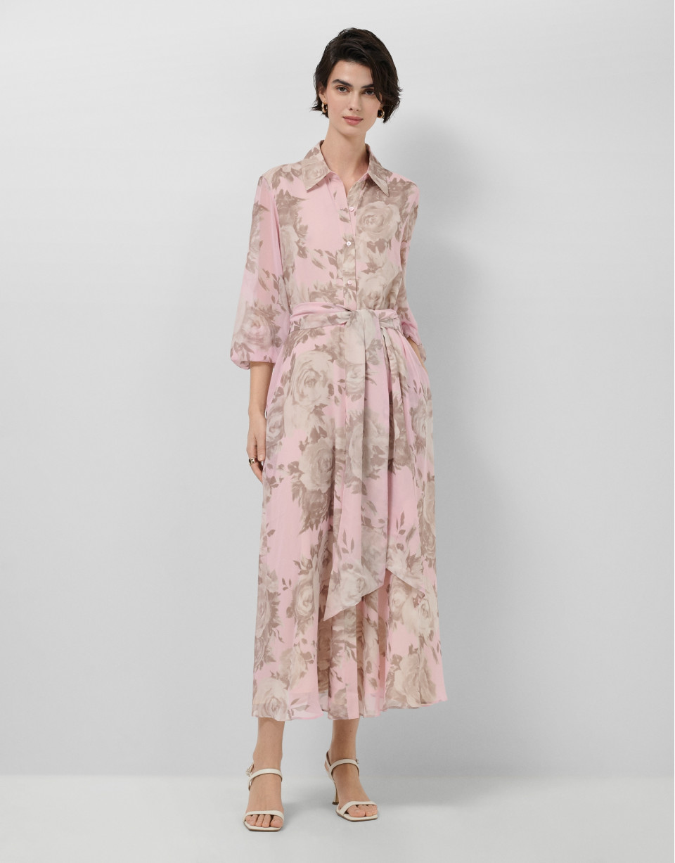 Long pink floral print chiffon shirt dress | Roberto Verino