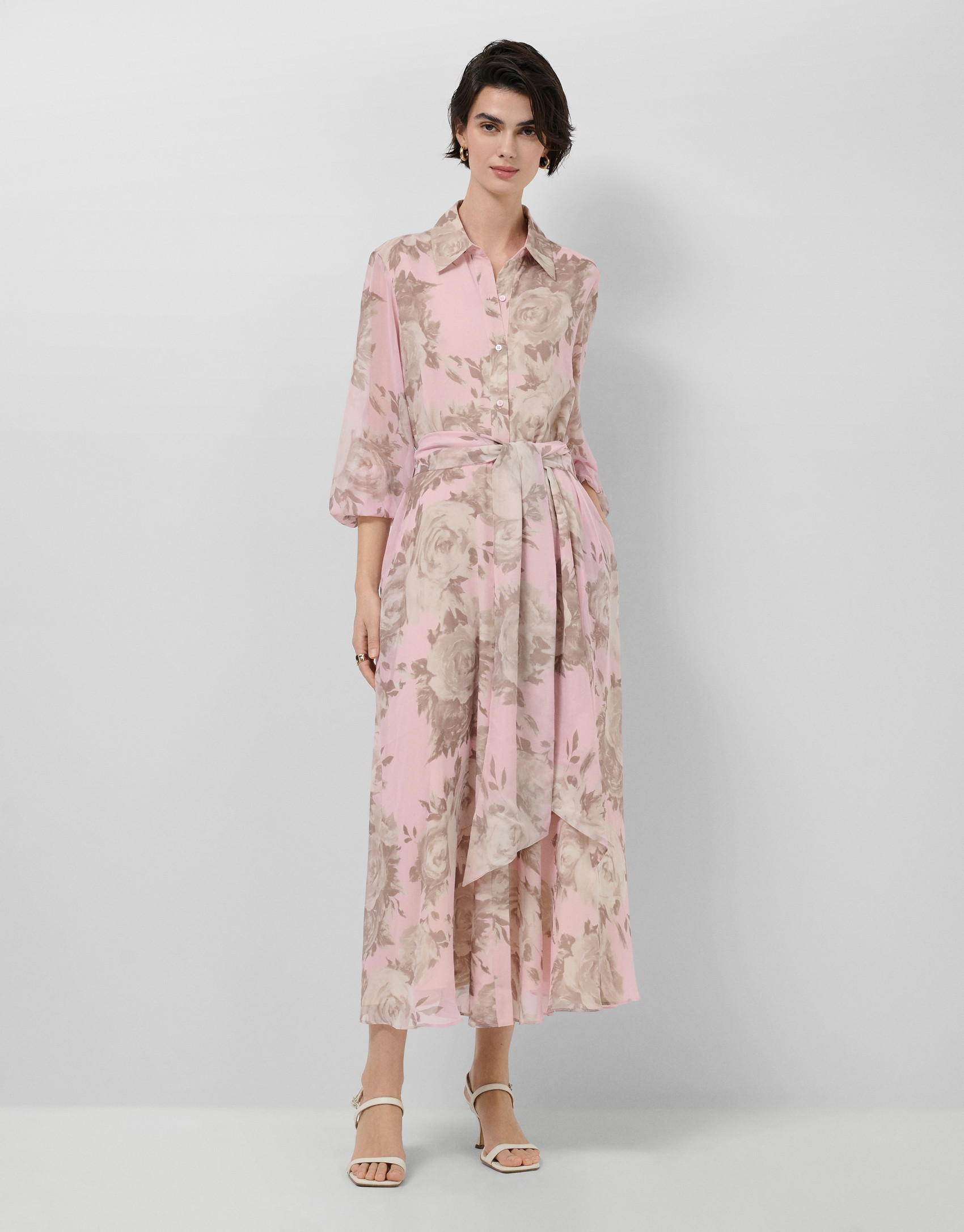 Long pink floral print chiffon shirt dress | Roberto Verino