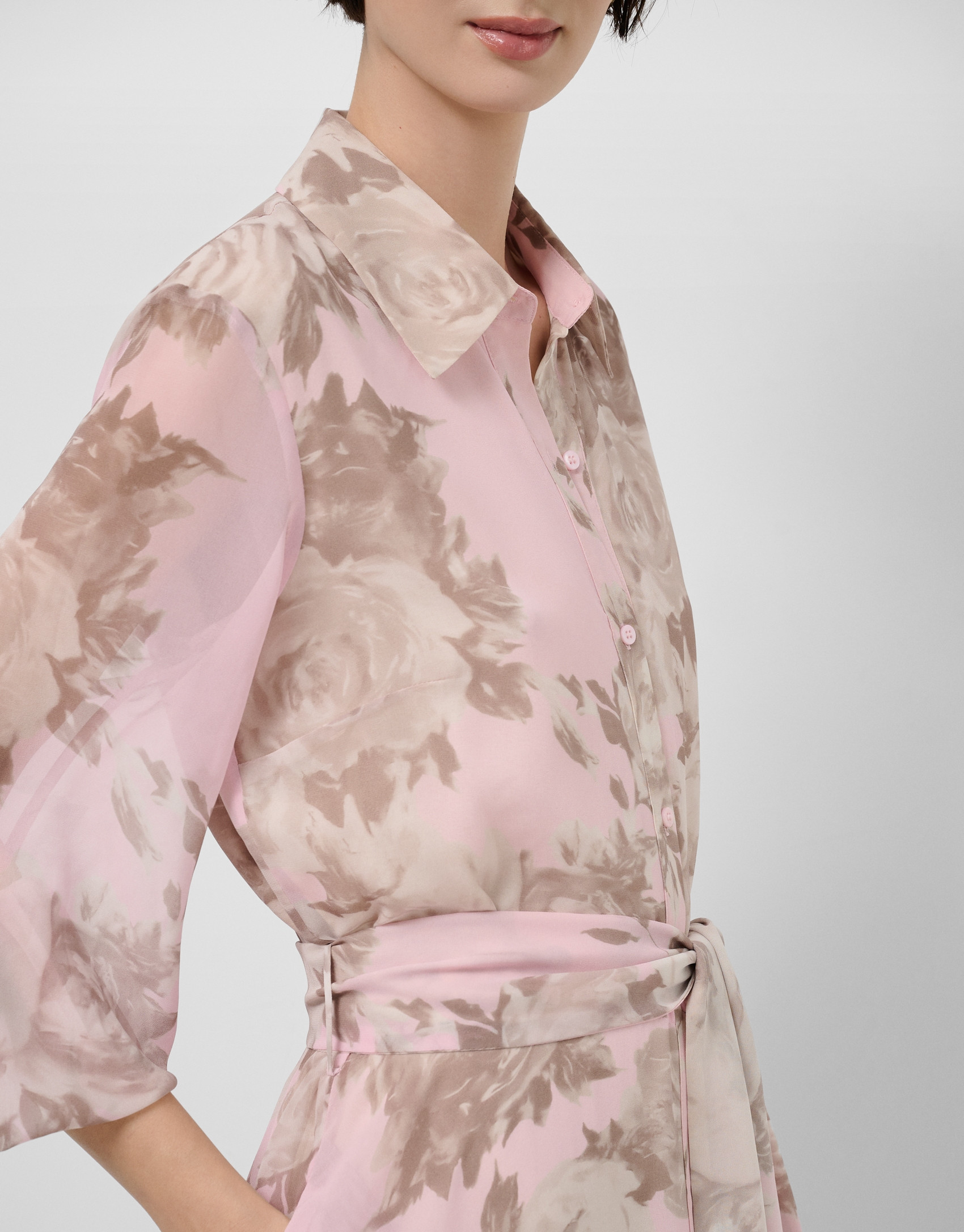 Long pink floral print chiffon shirt dress | Roberto Verino