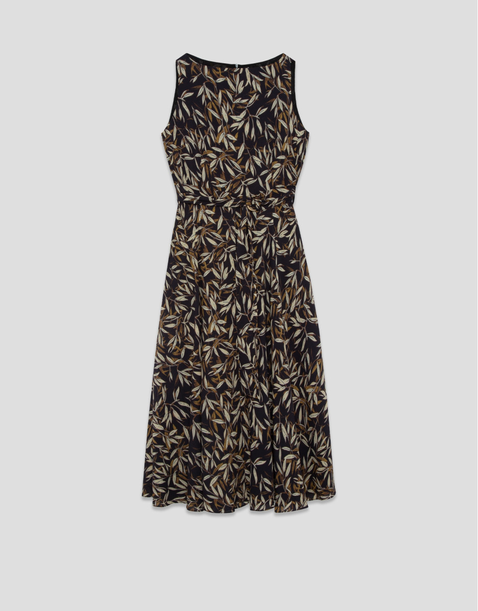 Brown leaf print crepe sleeveless dress - Woman | Roberto Verino