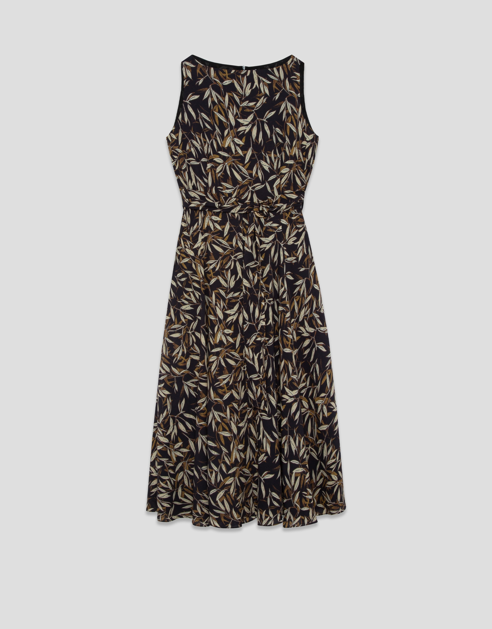 Brown leaf print crepe sleeveless dress - Woman | Roberto Verino