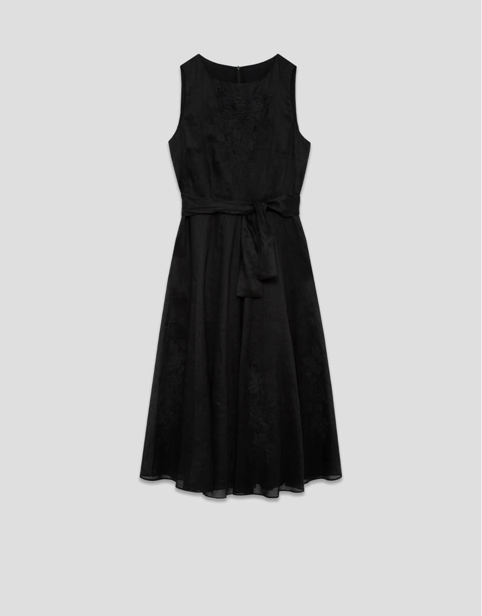 Black ramie dress with matching floral ... | Roberto Verino