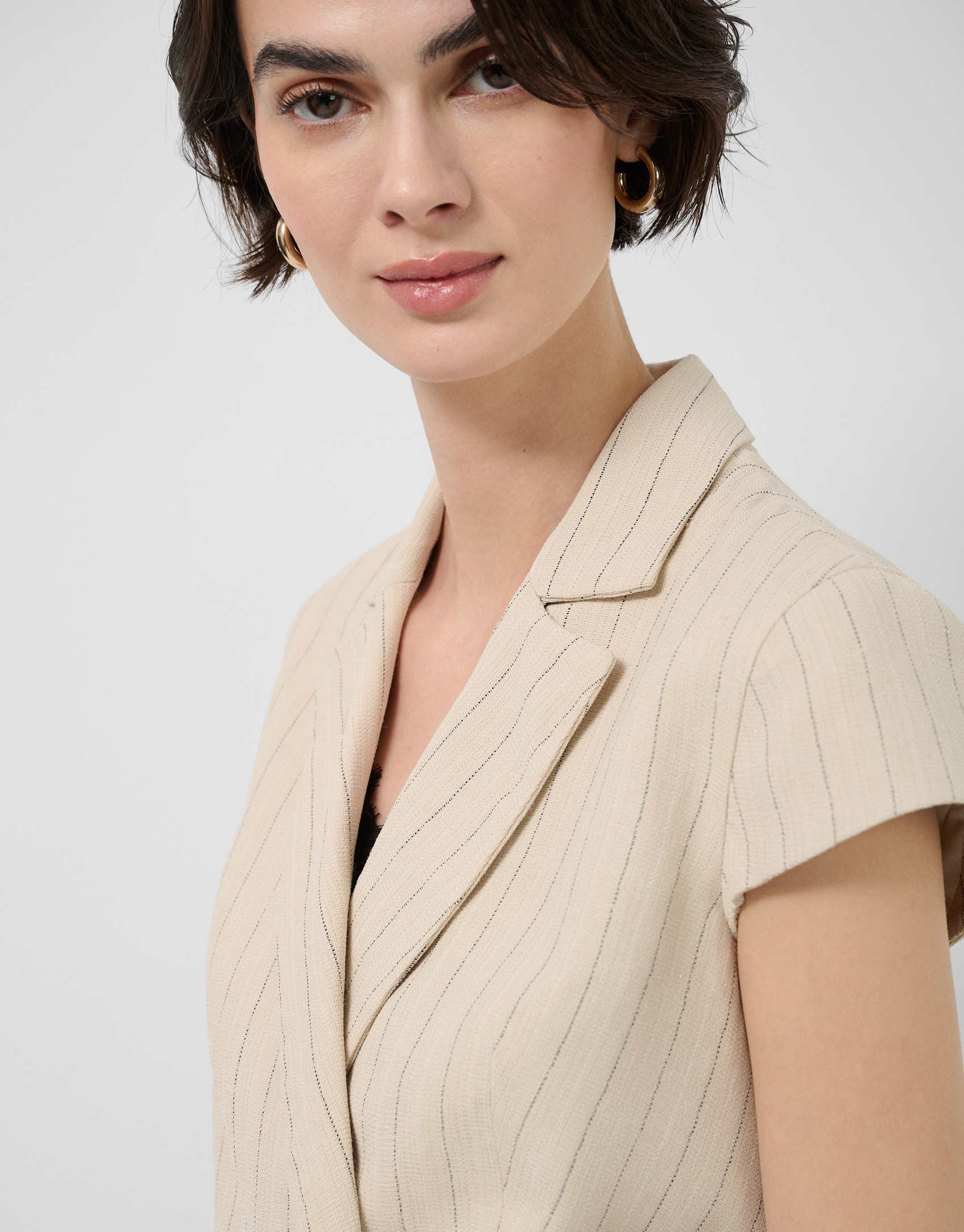 Beige double-breasted waistcoat with black ... | Roberto Verino
