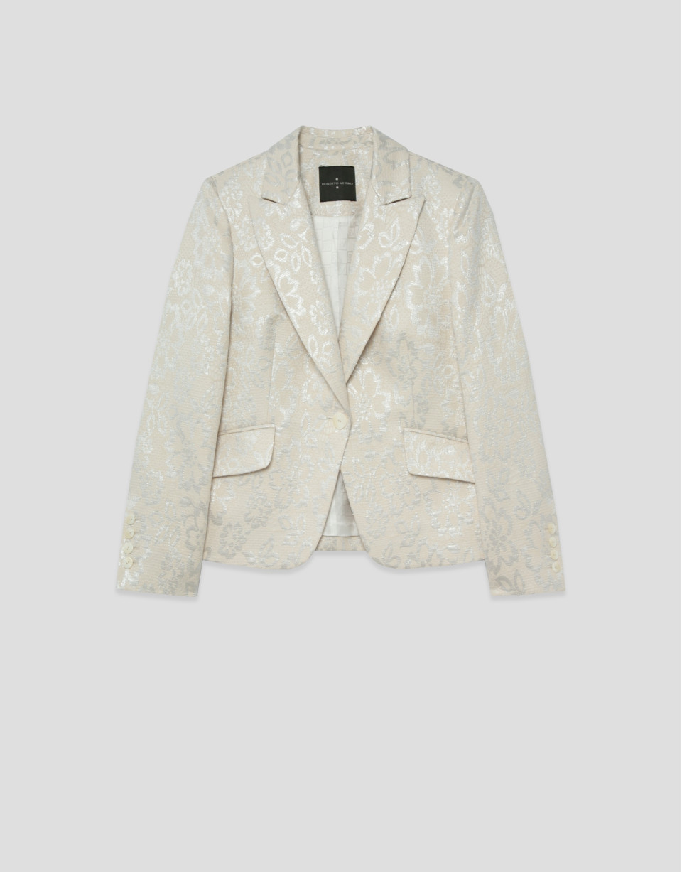 Short beige jacket with silver floral ... | Roberto Verino