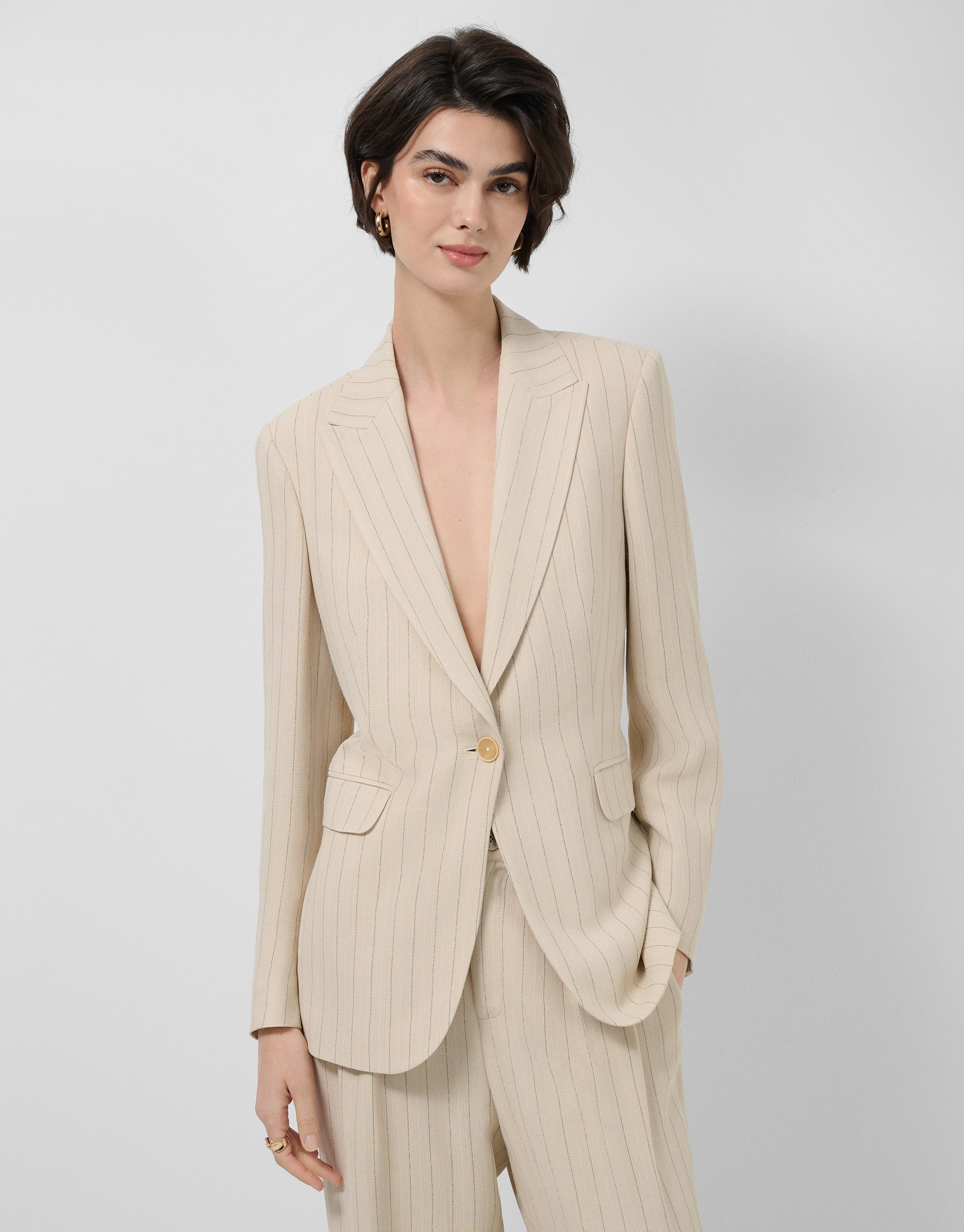 Beige single-button blazer with black pinstripe | Roberto Verino