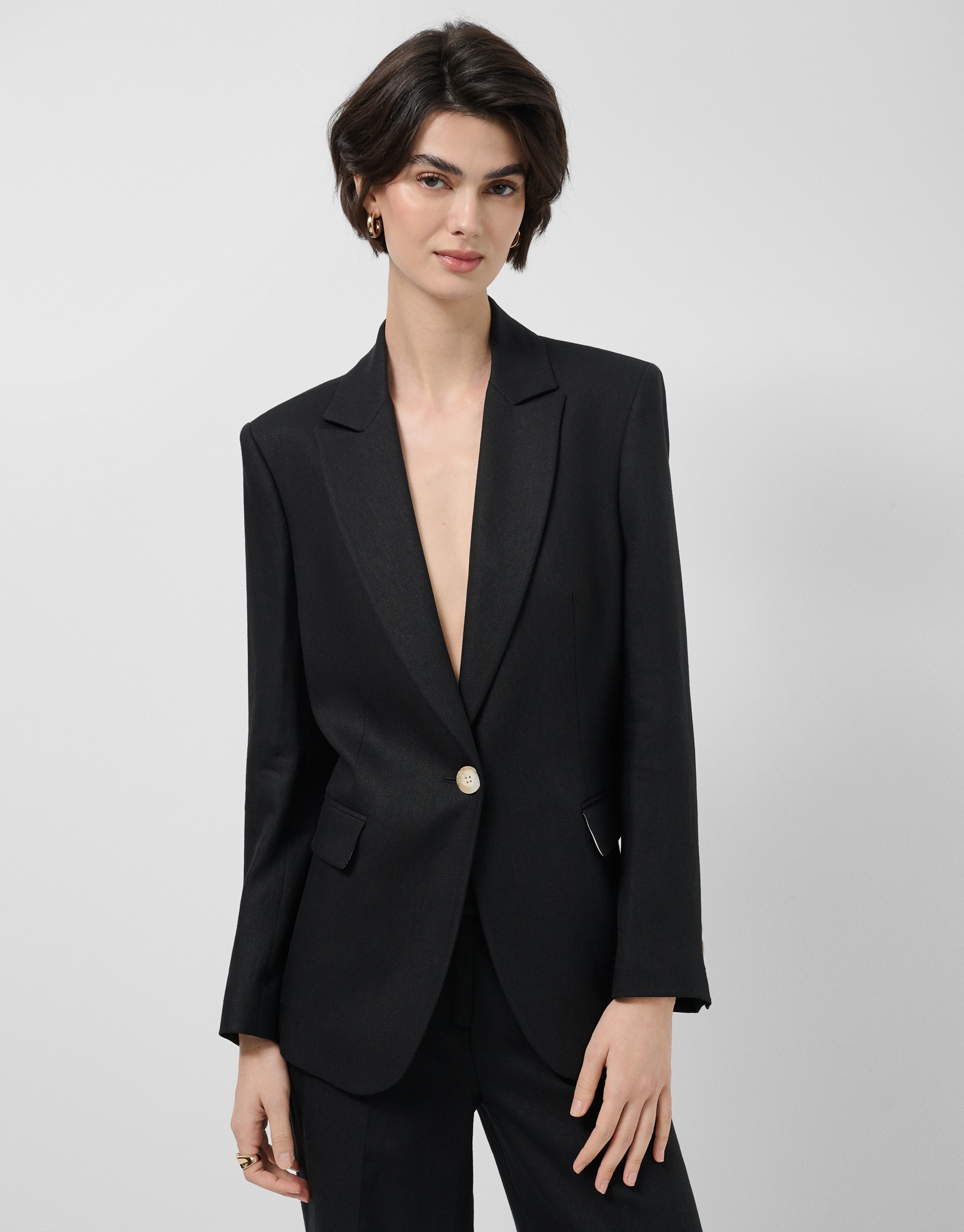 Black linen blend single-button blazer - Woman | Roberto Verino