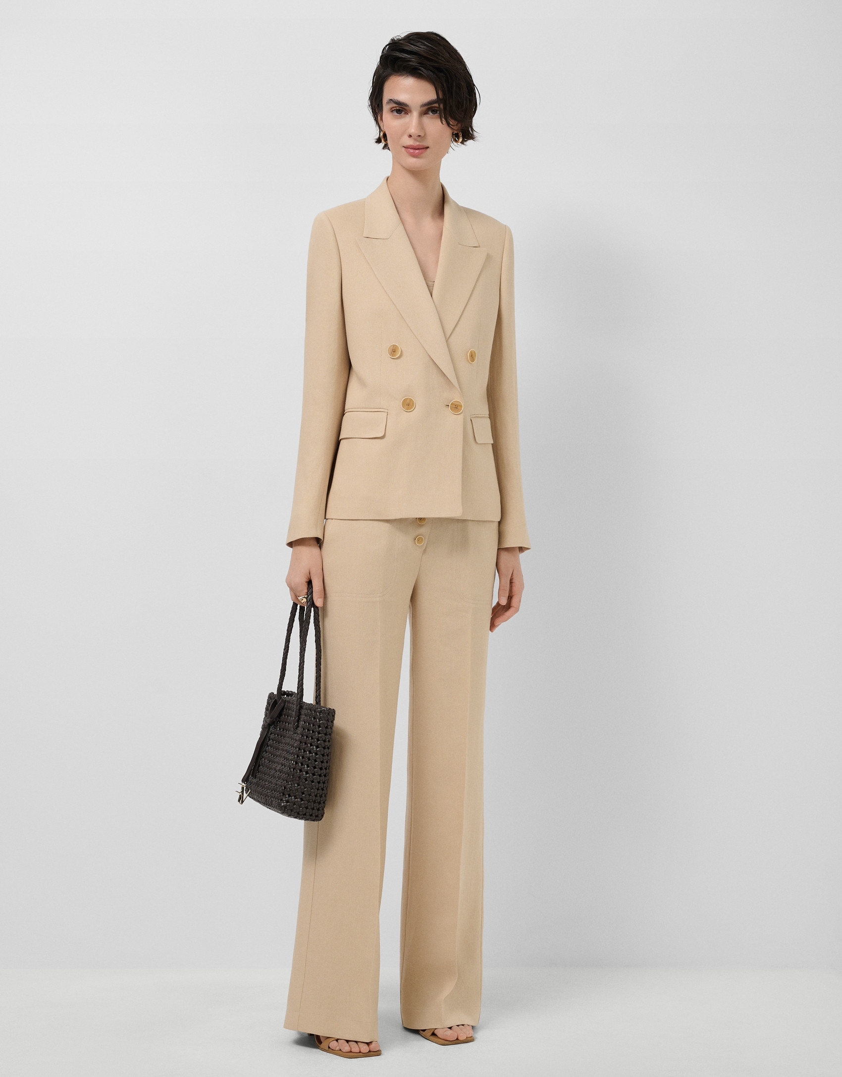 Beige linen blend single-button blazer - Woman | Roberto Verino