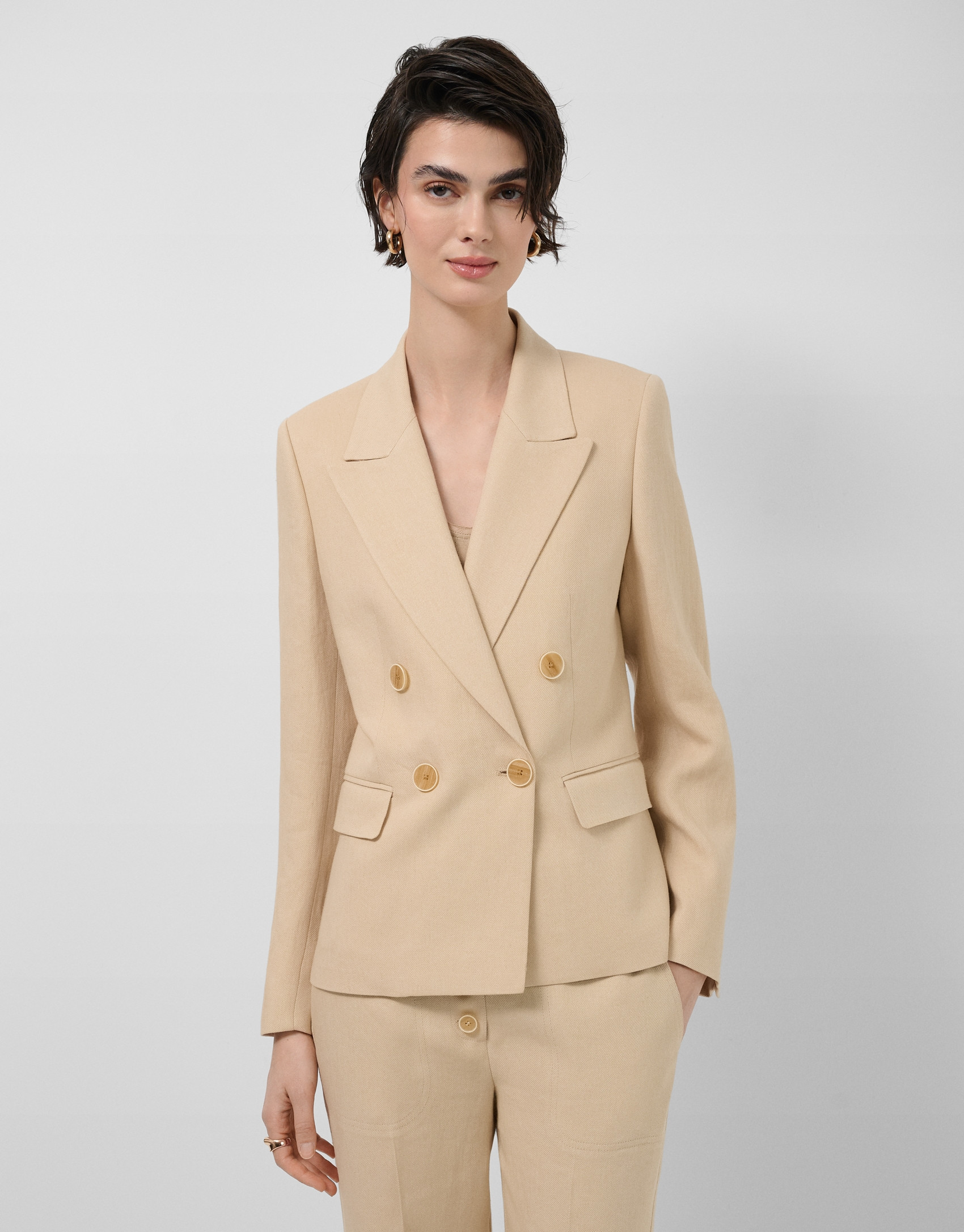 Beige linen blend single-button blazer - Woman | Roberto Verino