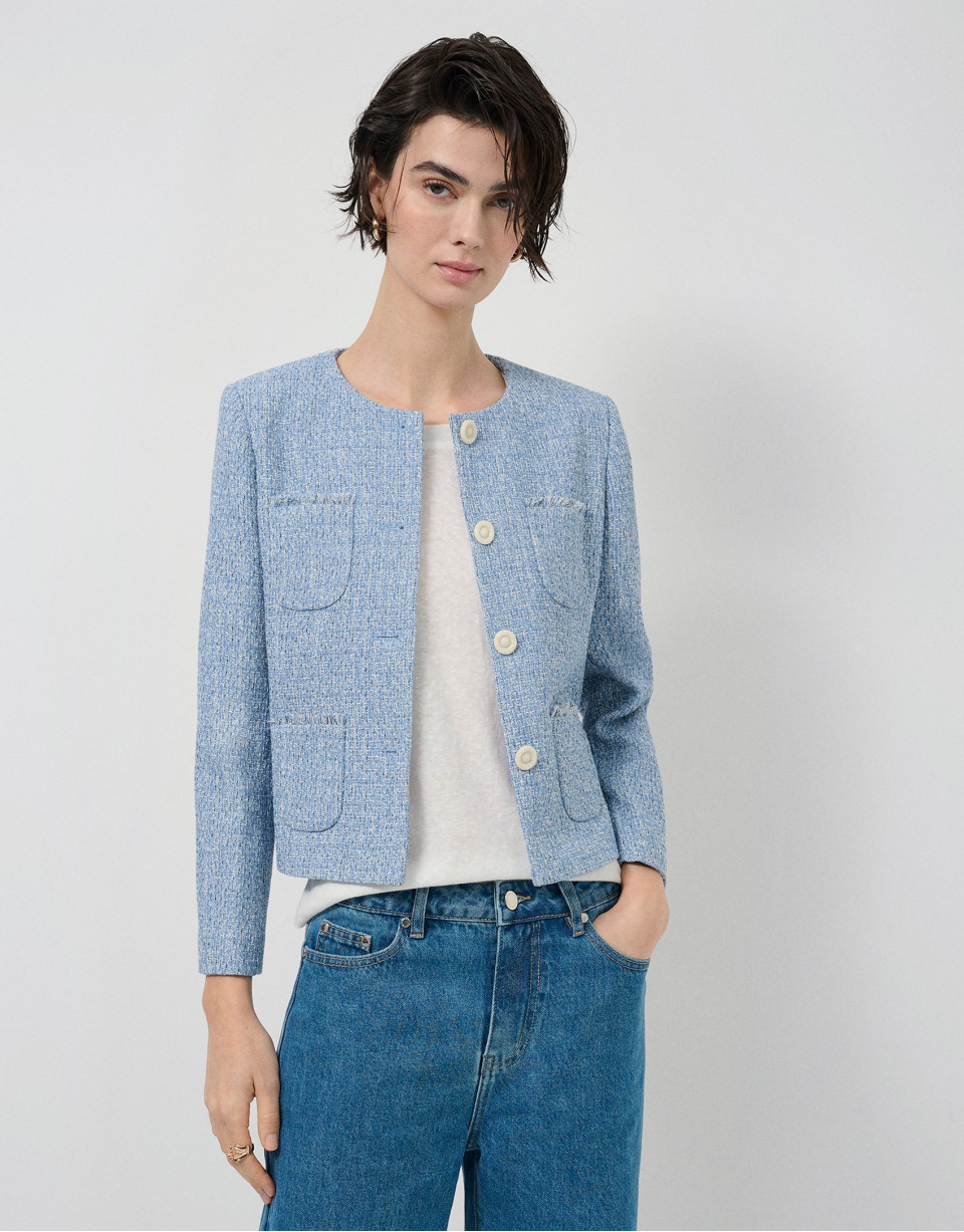 Chaqueta corta tweed tonos azules - Mujer | Roberto Verino