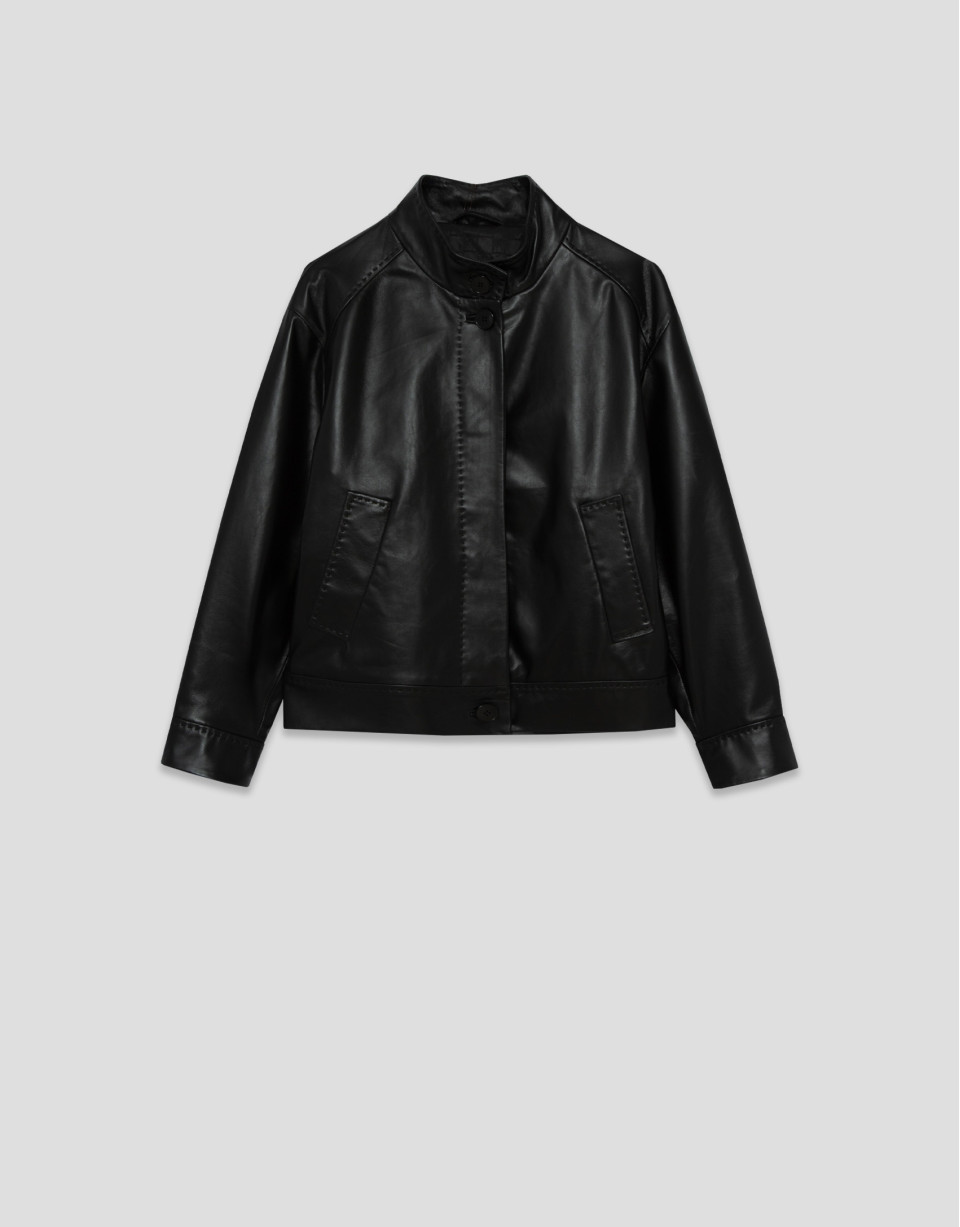 Black nappa leather short jacket with ... | Roberto Verino